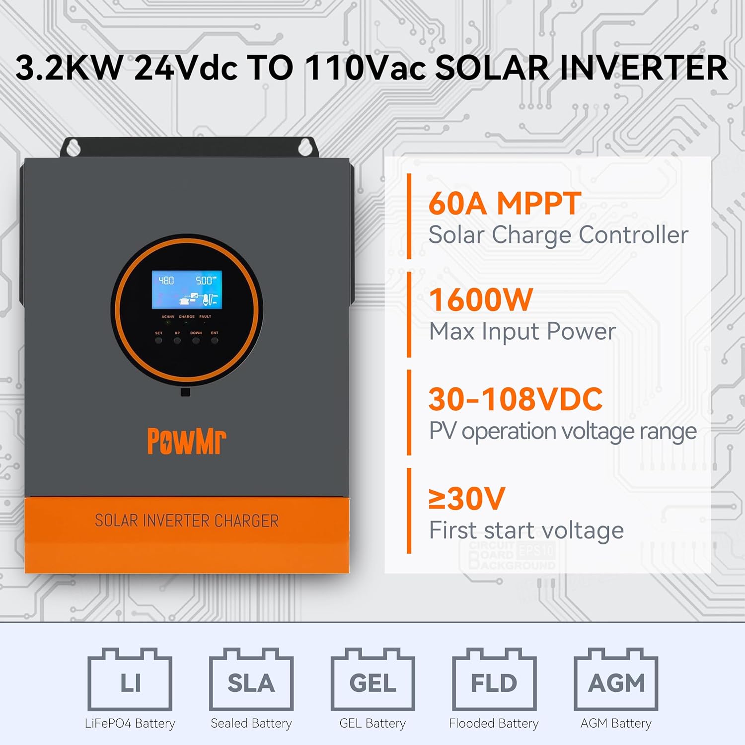 3200W Solar Inverter Charger 24V to 120V Bulit-in 60A MPPT Controller, Max.PV Input 108V & 10AWG Solar Extension Cable 50 Ft