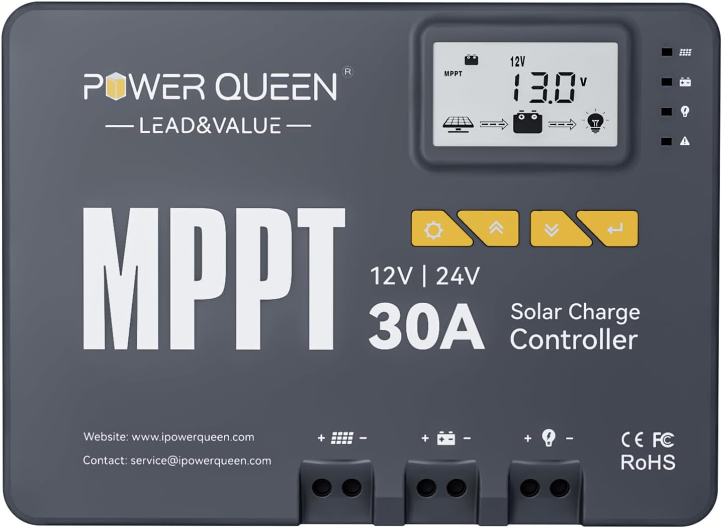 Power Queen 30 Amp MPPT 12V/24V Solar Charge Controller with Built-in Bluetooth,Support Remote Monitoring,Default for LiFePO4 Batteries and Compatible with Sealed, Flooded, Gel and Lead-Acid Battery