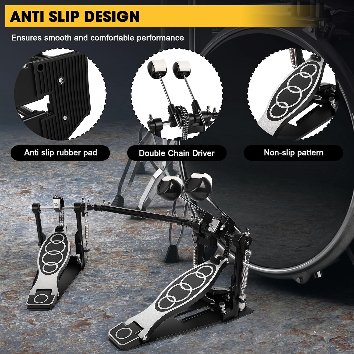 Double Bass Pedal, Double Chain Double Bass Drum Pedals, Double Kick Drum Pedal with Patch Suit for Kick Drum (2025)