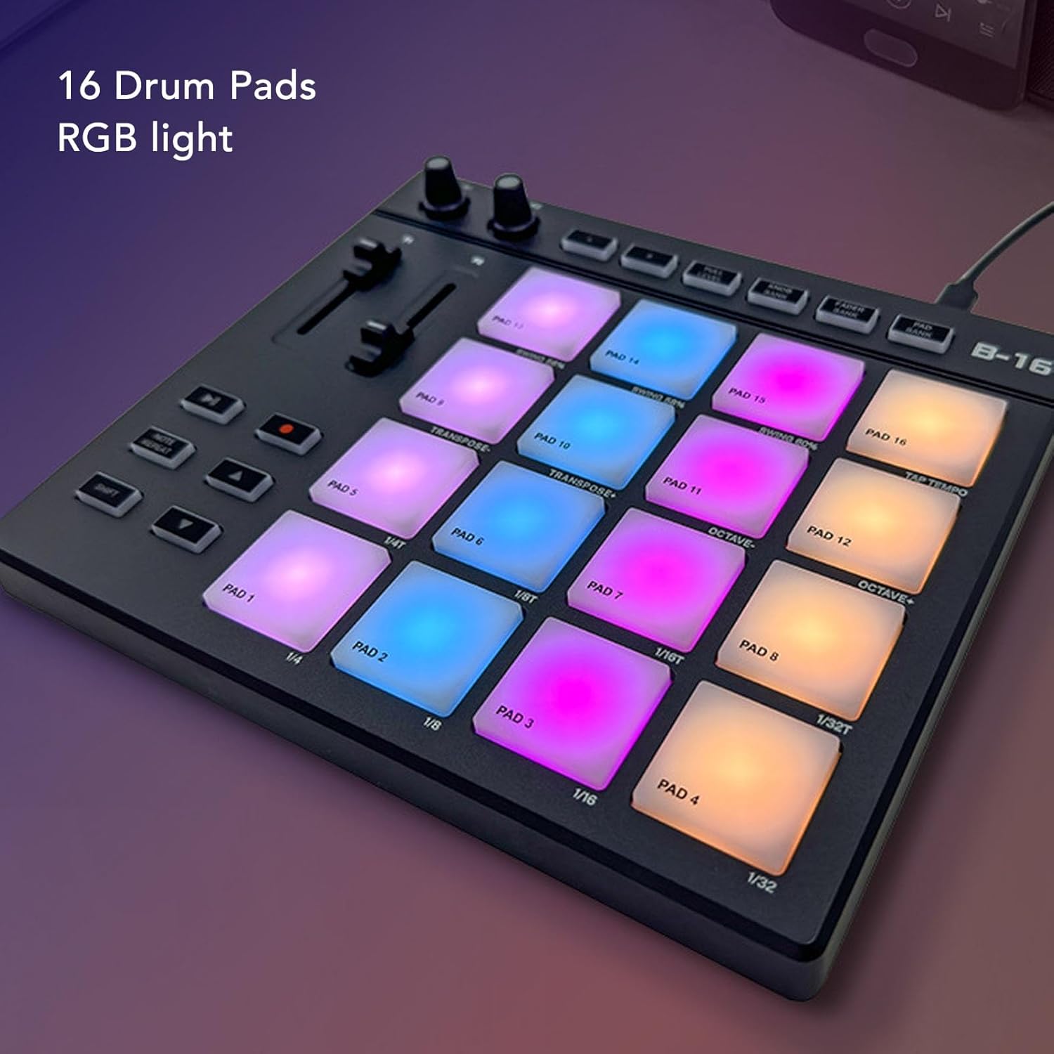 MIDI Pad Controller - Portable MIDI Drum Pad Controller with 16 RGB Backlit Beat Pad, 2 Assignable Fader, 2 Adjustable Knobs, USB MIDI Beat Maker Machine for Music Production