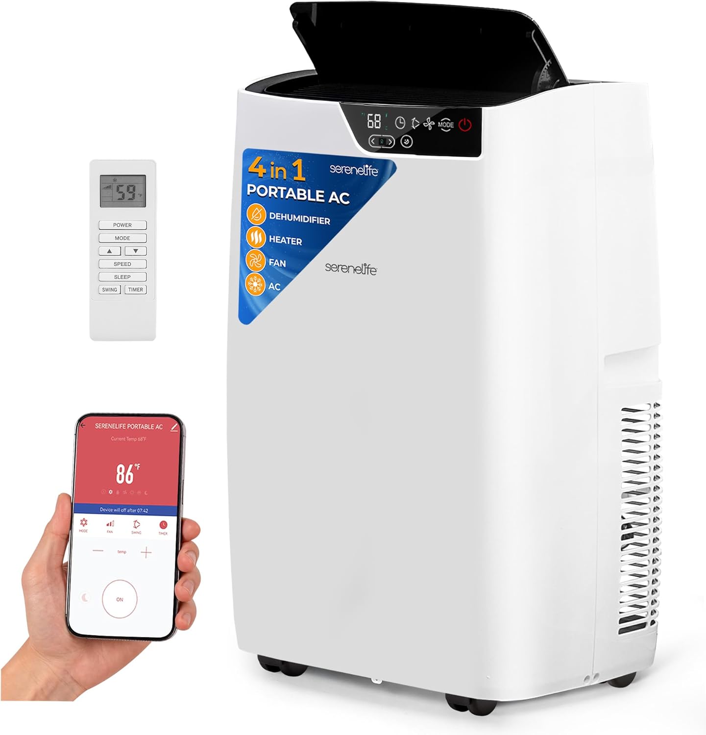 SereneLife 14000 BTU Portable Air Conditioner with Heating Function, 4-in-1 Standing AC for Room Up to 500 Sq. Ft. with Touch Control Panel, WiFi, and LCD Remote Control, High Efficiency CEER 7.60