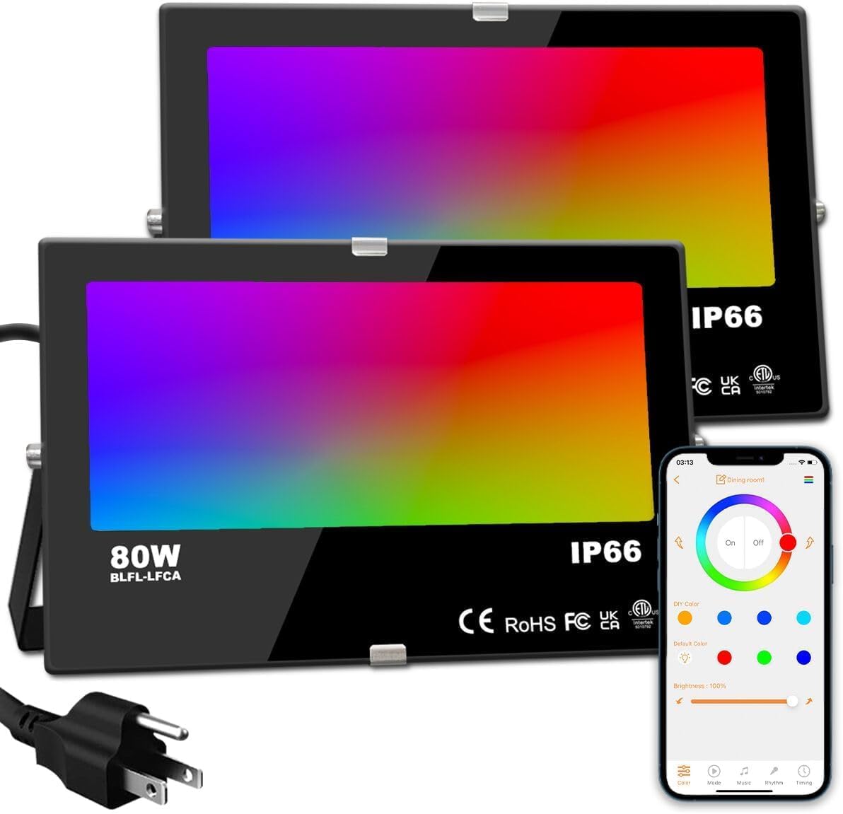 ILC LED Flood Light 80W, 8000LM, Outdoor RGB Color Changing, Smart Floodlights RGBW 2700K Warm White & 16 Million Colors, 20 Modes, Grouping, Timing, IP66 Waterproof (2 Pack)
