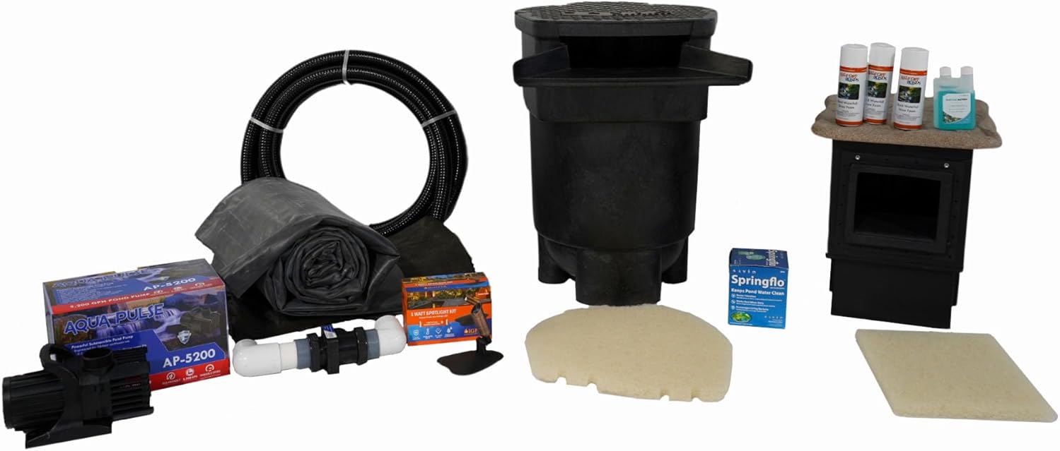 HALF OFF PONDS Complete PRO 5,200 GPH Submersible Pump Pond Kit 20' x 30' EPDM Rubber Pond Liner, Waterfall Filter, Skimmer, Lighting & Plumbing Koi Pond Kit, Backyard Water Garden