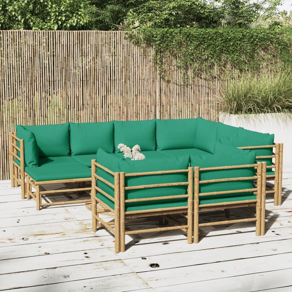 10 Piece Bamboo Garden Lounge Set with Green Cushions, Modular Outdoor Furniture with Comfortable Sofa and Sturdy Table for Patio Seating Arrangement