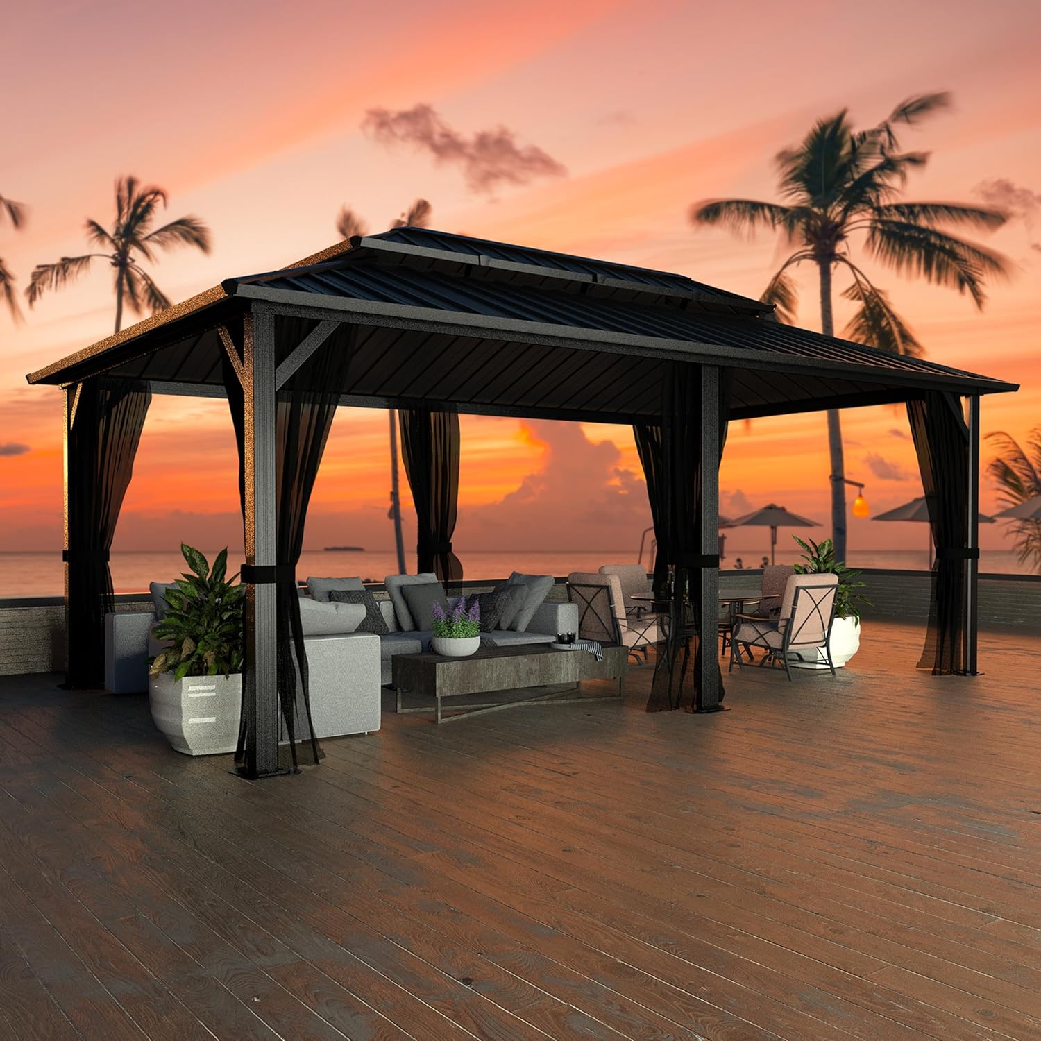 12x20 FT Hardtop Gazebo Canopy with Double Galvanized Steel Roof, Permanent Outdoor Pavilion with Upgrade Mesh Netting for Patio. Garden, Backyard, Black