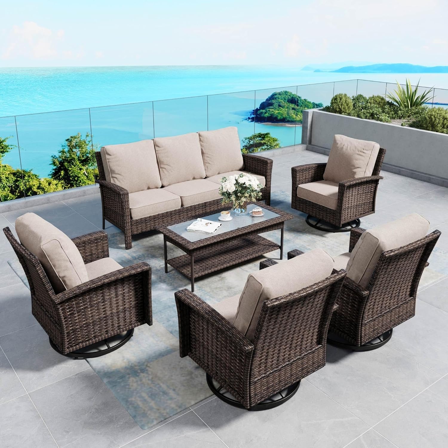 6 Pieces Patio Furniture Set with Swivel Chairs, High Back Wicker Rattan Sofa with Extra Thick Cushion and Coffee Table, Outdoor Conversation Set for Garden Backyard Deck,Beige