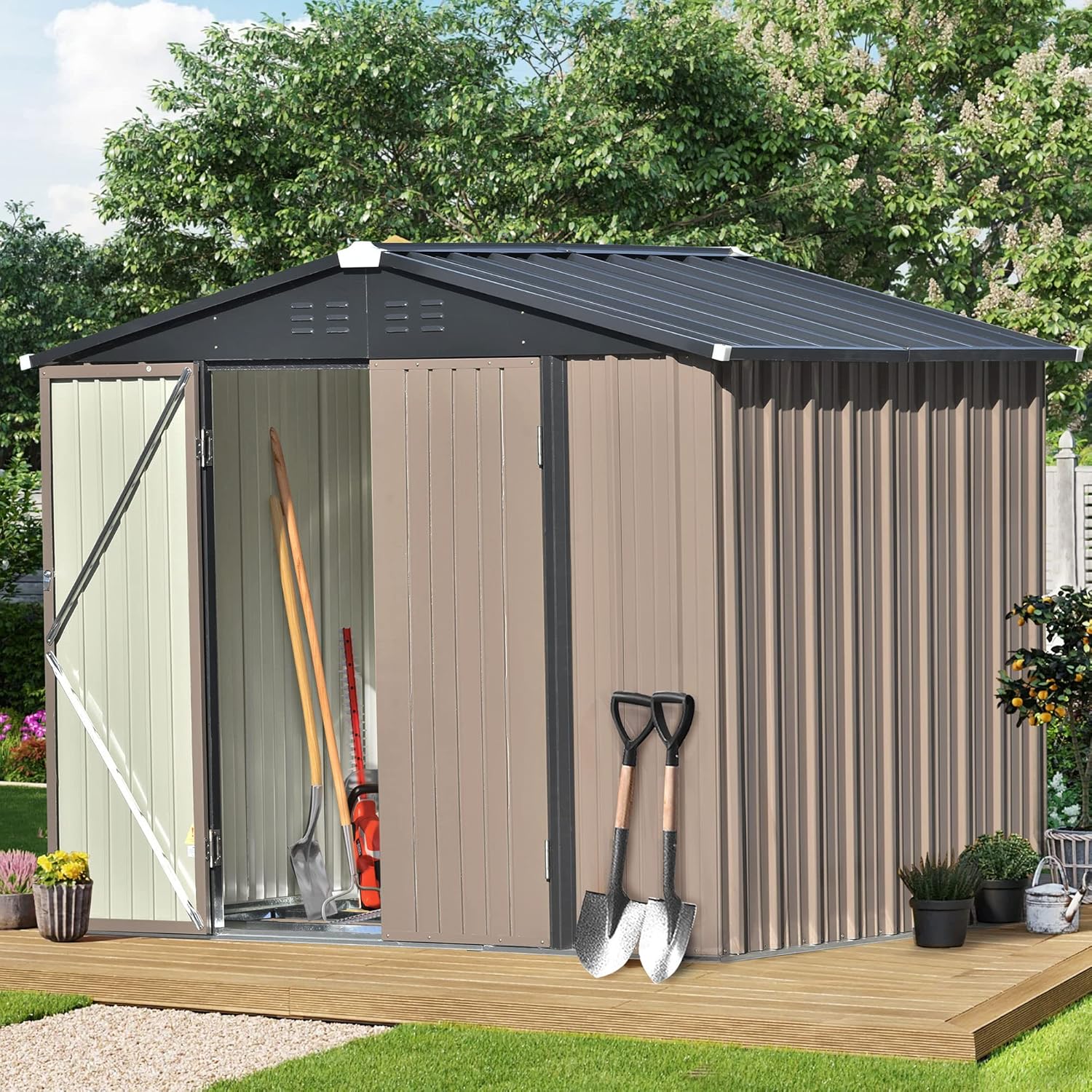 8x6 Ft Outdoor Storage Shed, Metal Bike Shed Garden Shed with Vents/Lockable Door/Lean Roof, Tool Cabinet for Backyard, Lawn, Garden (Brown+Bike#)