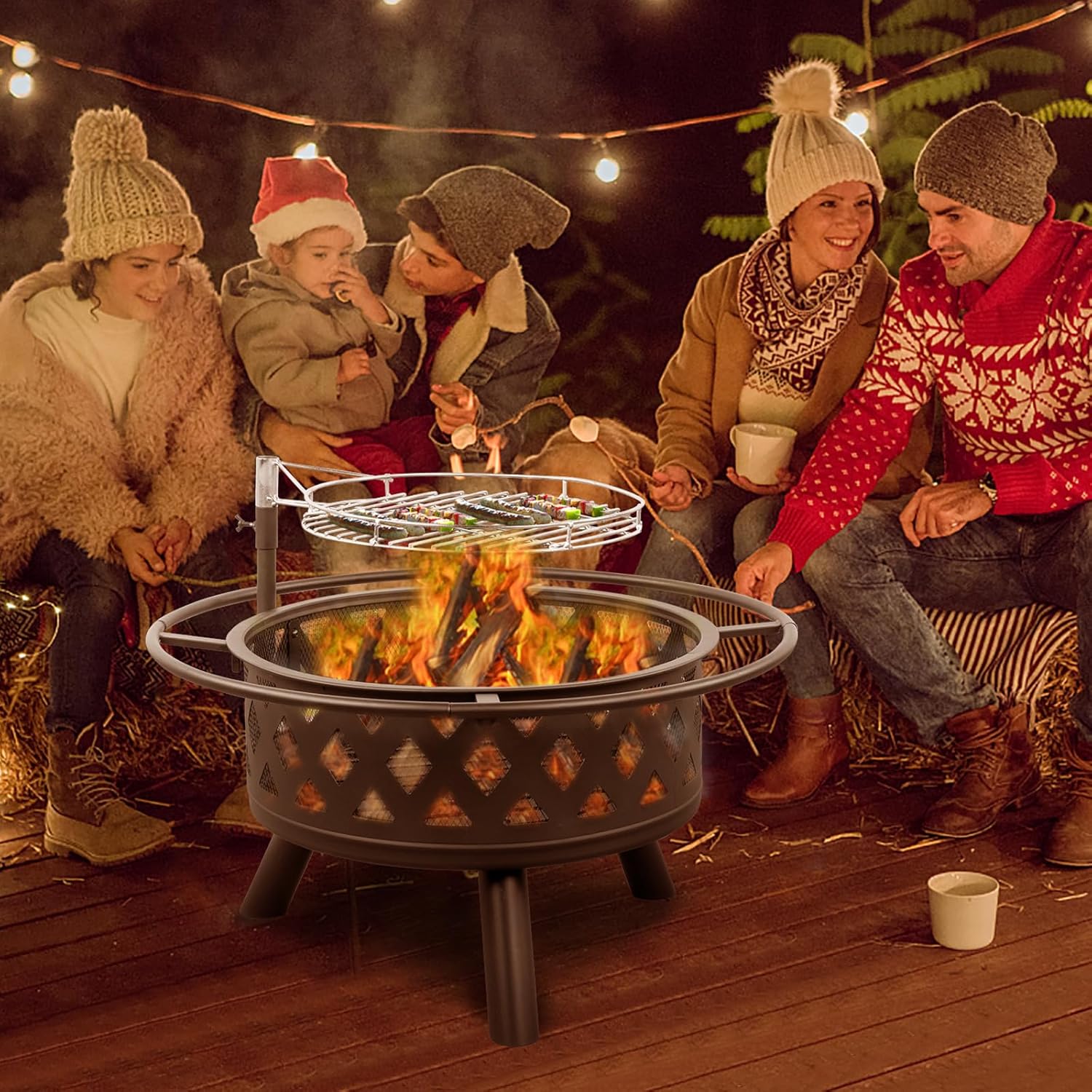 30in Metal Fire Pit with Quick Removable Cooking Grill,Outdoor Metal Bonfire Fire Pit with Round Table for Backyard Patio Garden Picnic Camping,Black