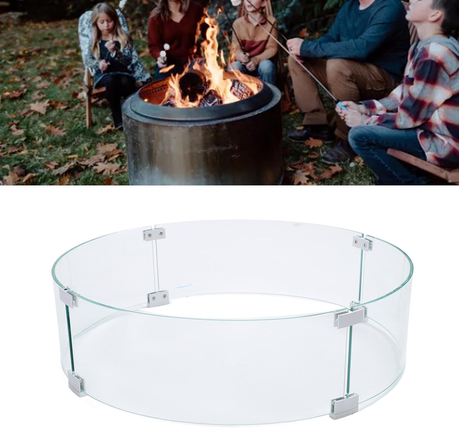 GOTOTOP Fire Pit Guard Round Tempered Glass Flame Windscreen, Clear Round Fire Pit Wind Guard 650mm Diameter 6mm Thickness, 4 Panels with 12 Clips