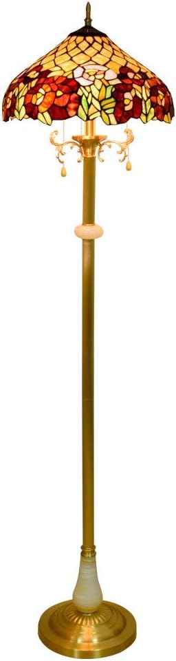 16-Inch Tiffany-Style European High-Grade Red Flower Vine Glass Floor Lamp Pure Copper Vertical Readlamp for Study Bedroom Room Decoration
