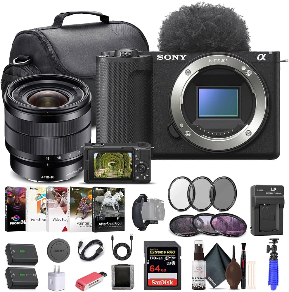 Sony Alpha ZV-E10 II Mirrorless Camera (Body Only, Black) (ZVE10M2KB), Sony E 10-18mm Lens, 64GB Memory Card, Filter Kit, Photo Software, Bag, NP-FZ100 Battery, External Charger, More