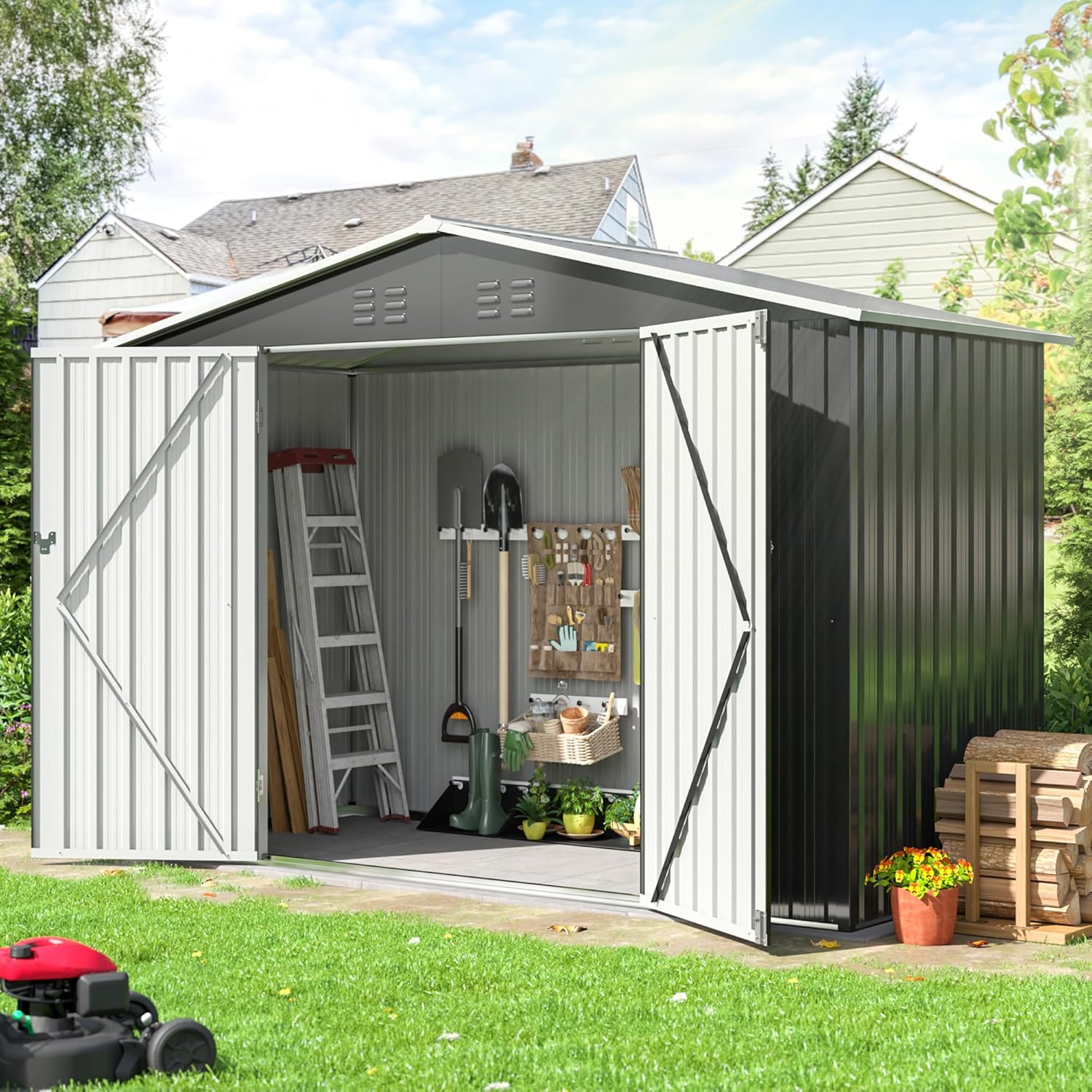 Polar Aurora 4 x 9 FT Outdoor Storage Shed, Metal Garden Shed with Updated Frame Structure, Tool Sheds for Backyard Garden Patio Lawn Black