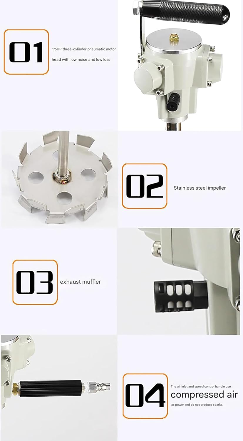 5 Gallon 50L Pneumatic Paint Mixer, Handheld Paint Stirring Machine 1/6HP Air Agitator, Stainless Steel Mix Tool for Ink Dye Coating