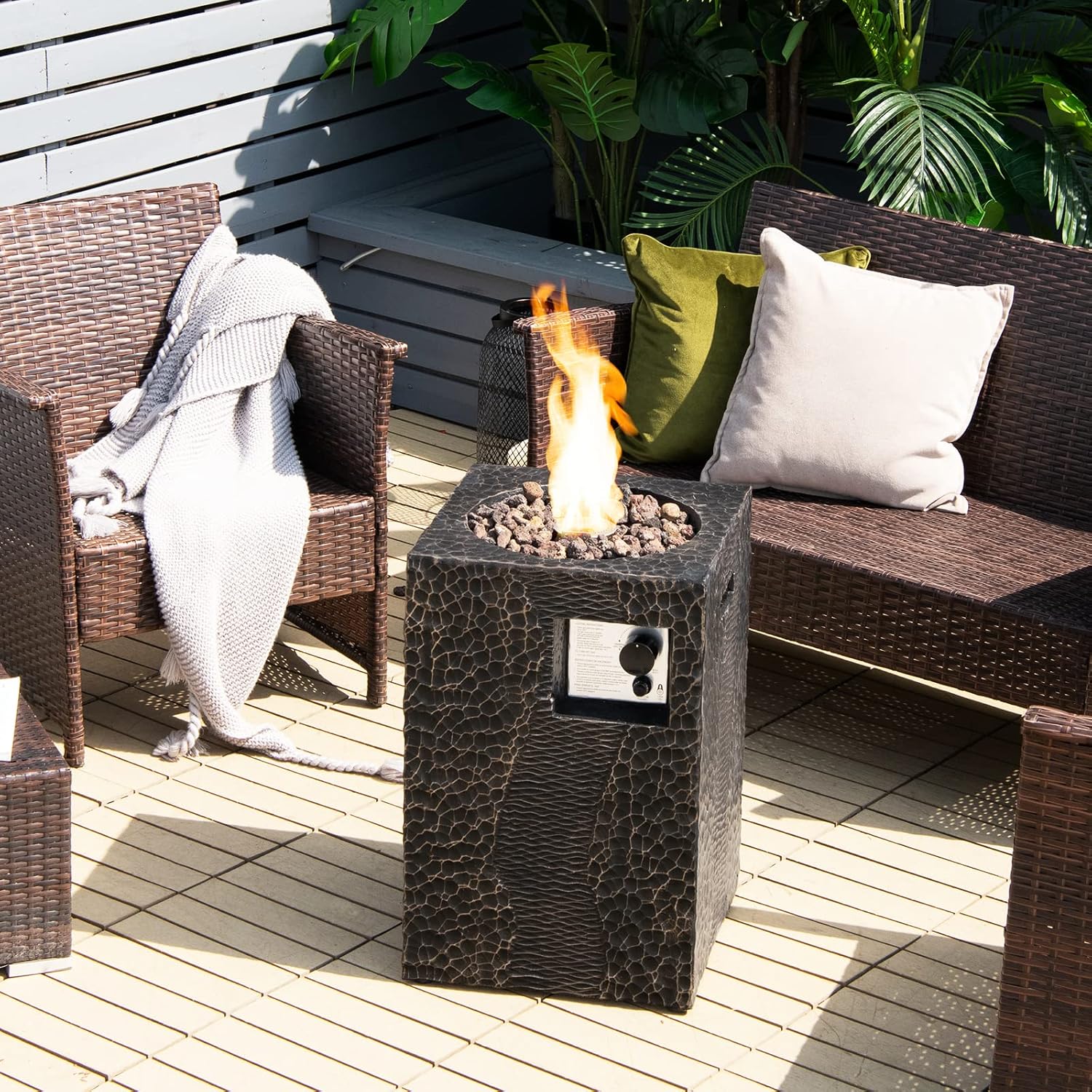 Tangkula 16 Inch Patio Propane Fire Pit, Patiojoy Electronic Ignition Square Gas Fireplaces with Protective Cover, 30,000 BTU Outdoor Fire Pit with Lava Rocks, Touch-up Pen for Backyard, Patio (Black)