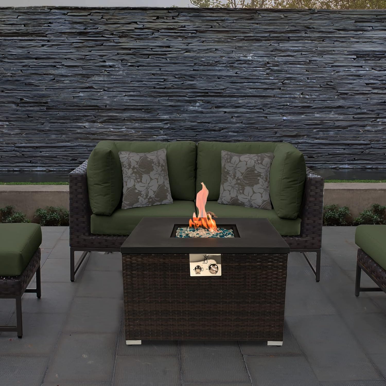 32'' Outdoor Low Profile Fire Table with Natural Gas Conversion Kit, 50,000 BTU Fire Table with Brown Wicker, Painted Steel Tabletop, Mix Color Glass Rocks, Including Lid and Cover, Square