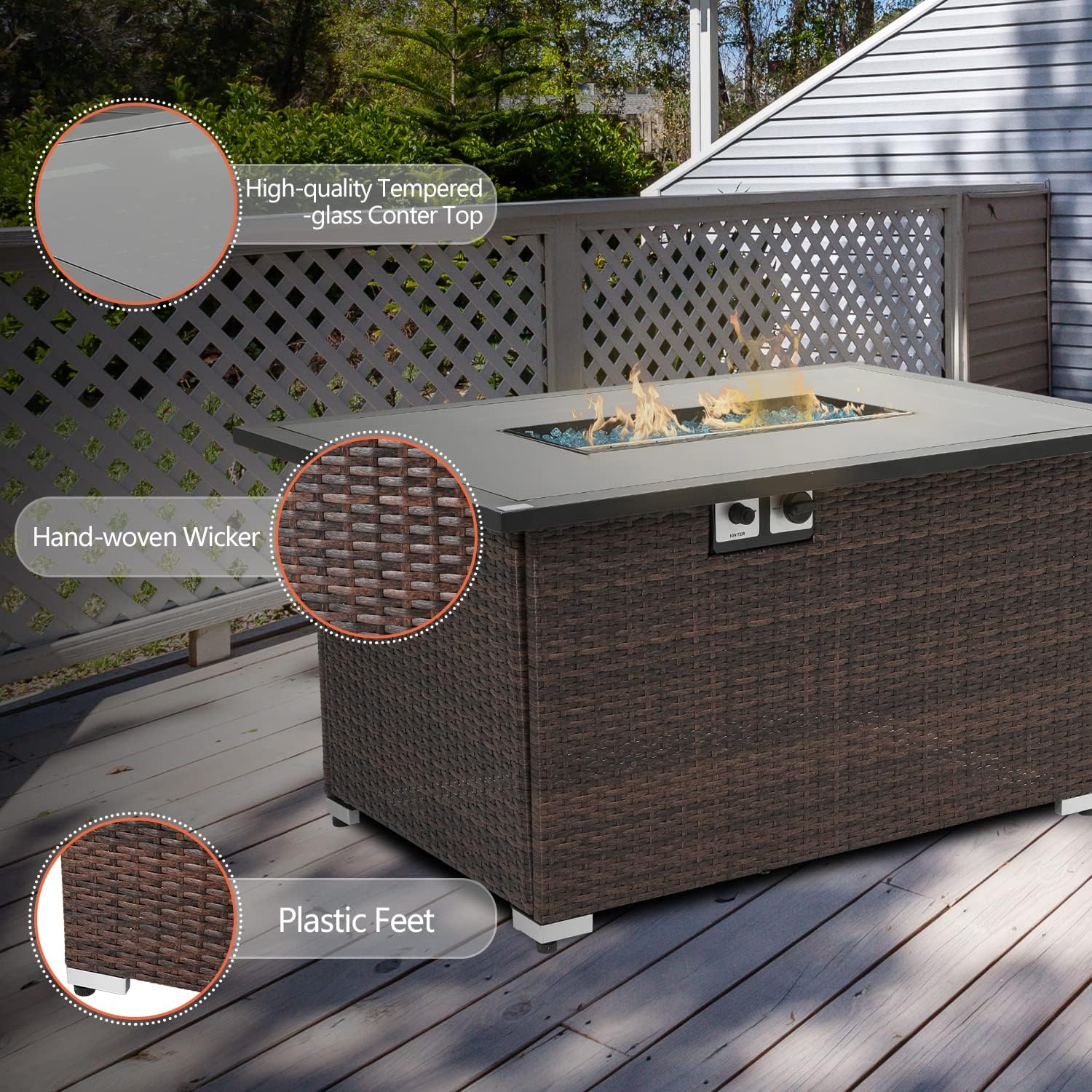 HOMPUS Outdoor Patio Propane Gas Fire Pit Coffee Table 44-Inch 40,000 BTU Rectangular PE Wicker Patio Fire Place, Waterproof Cover and Free Fire Glass, Internal Tank Storage, Brown