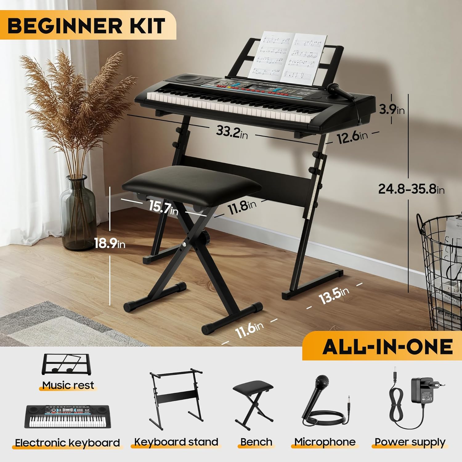 CAHAYA 61 Key Keyboard Piano – Electric Piano Set for Beginners with Stand & Stool, Microphone, Built-In Speakers, 128 Sounds & 128 Rhythms, Portable Electronic Keyboard Xmas Gift