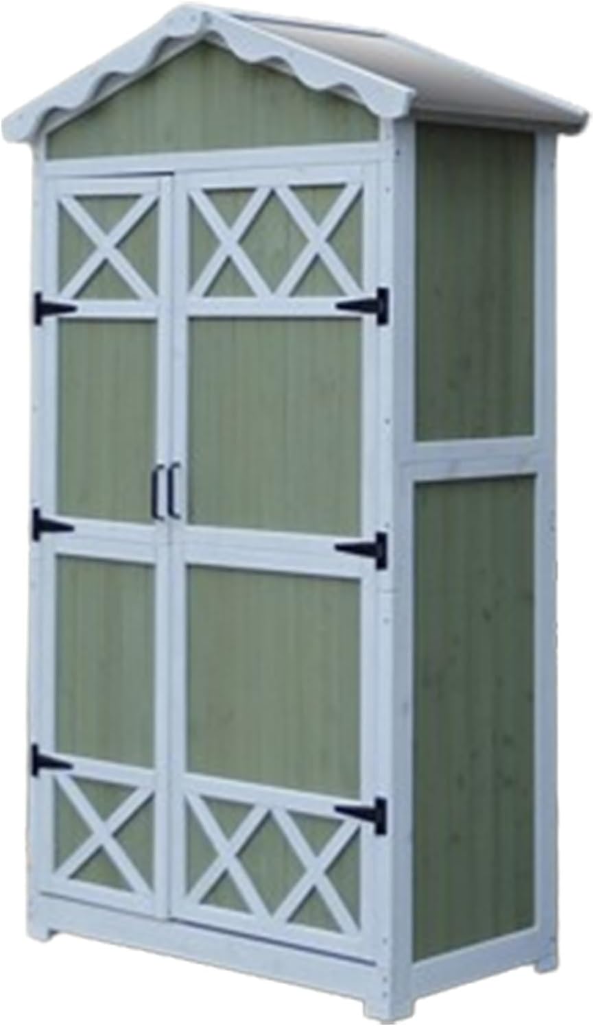 Wooden Storage Shed, Wooden Outdoor Storage Cabinet with Double Doors for Patio, Outdoor Storage Cabinet with 4 Shelves and Pitched Galvanized Sheet Roof (One Color White and Green)