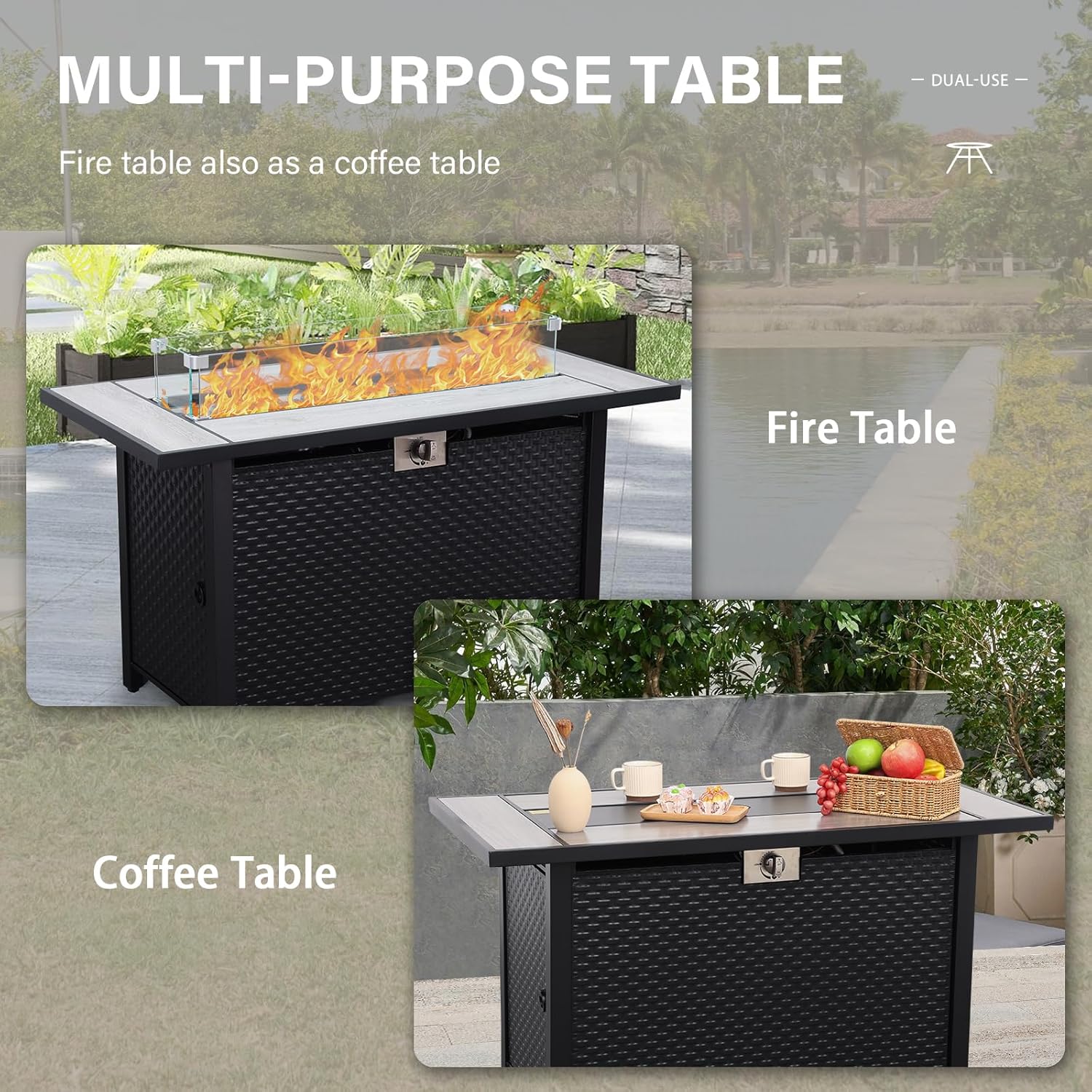 7 PCS Patio Furniture Set Outdoor Patio Furniture with 45-Inch Propane Fire Pit Table Outdoor Couch Patio Chairs Outdoor Conversation Set with Non-Slip Cushions Waterproof Covers, Khaki