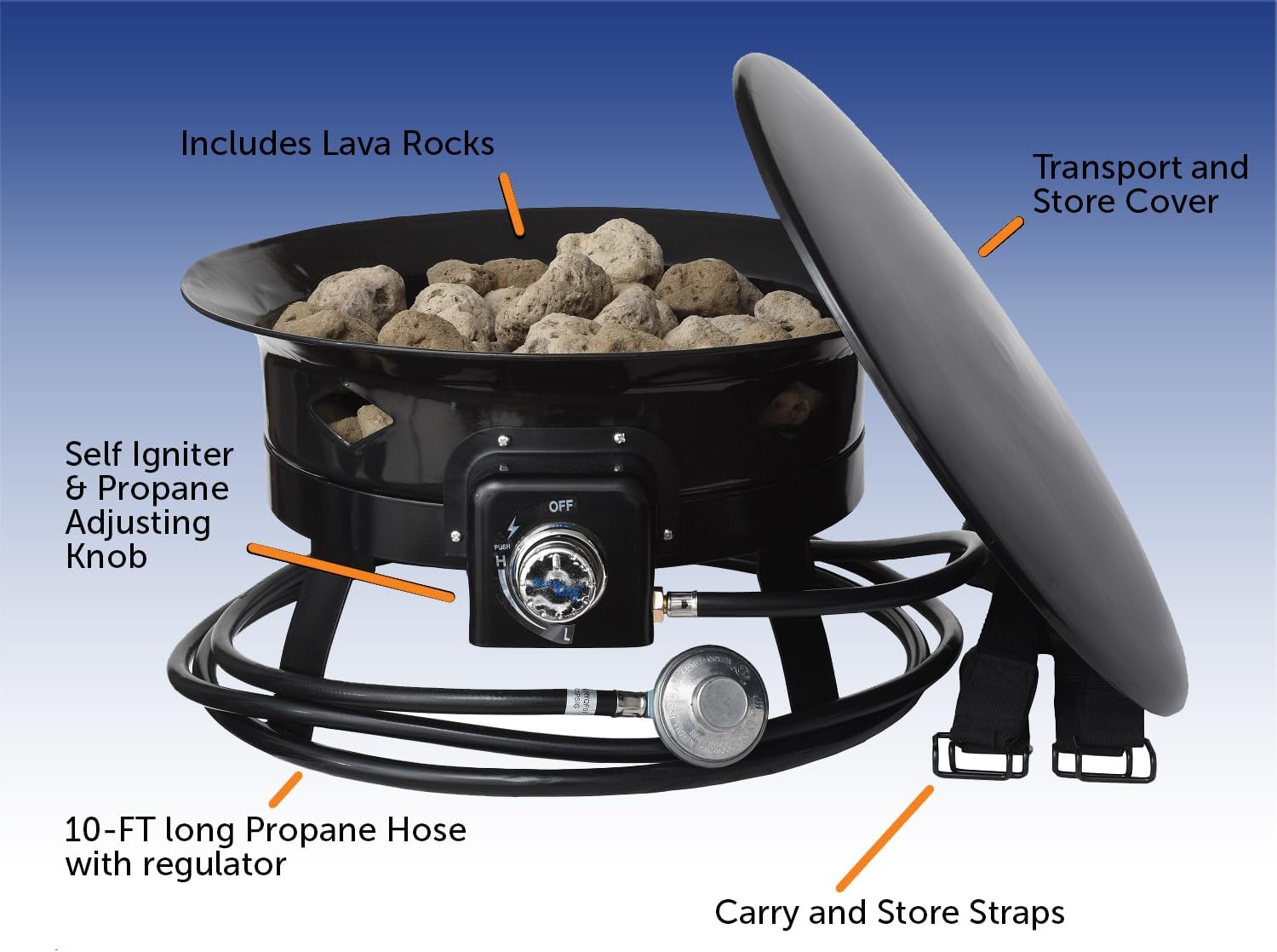 Flame King 19-inch 58K BTU Propane Fire Pit Bundle with 5lb Tank, Cover, Carry Straps, Igniter, and Gauge