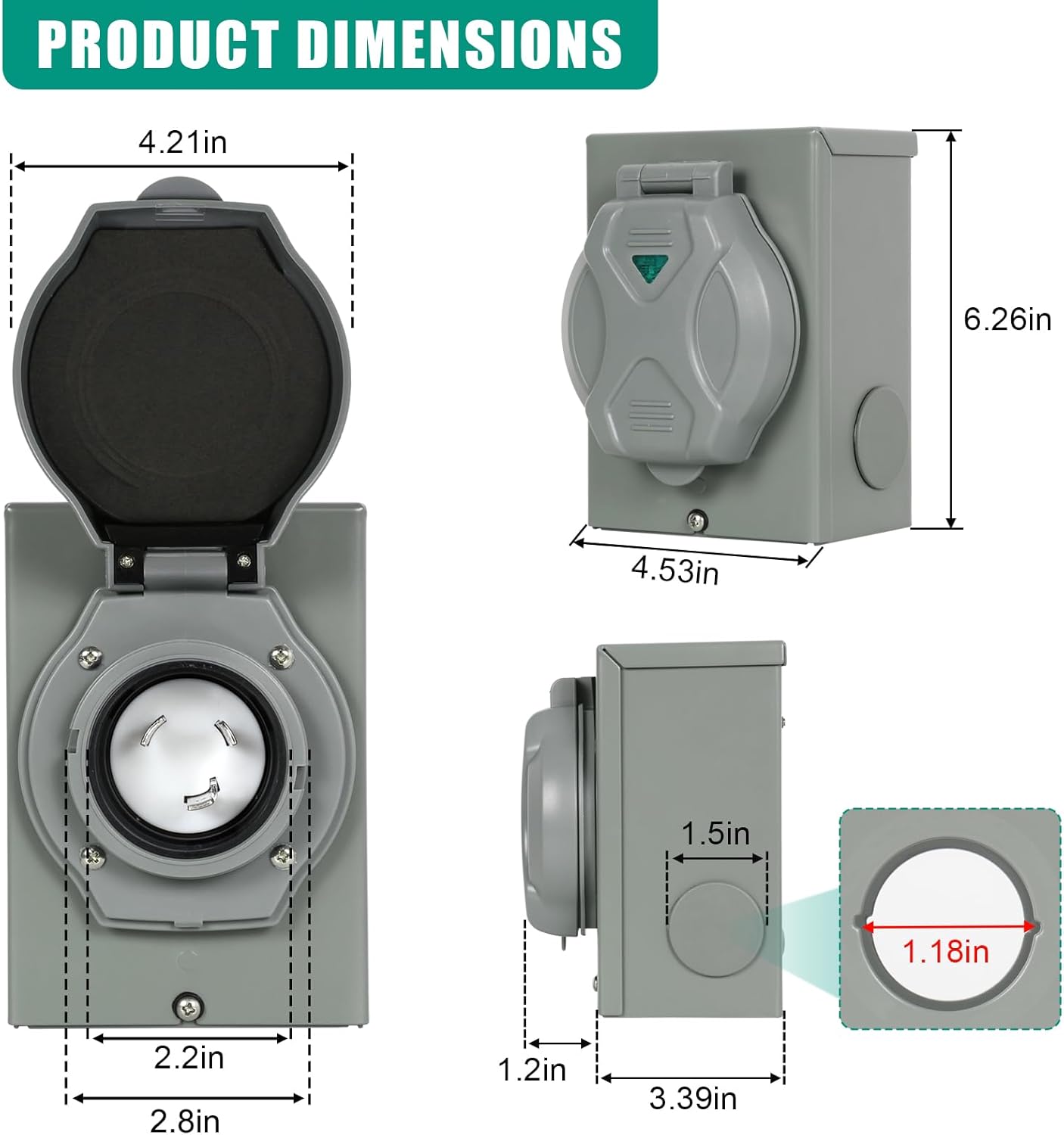 Pre-Drilled Generator Inlet Box, NEMA 3R 30 Amp Outdoor Waterproof Power Inlet Box, NEMA L5-30P 3 Prong, 125 Volt, 3750 Watts, ETL Listed