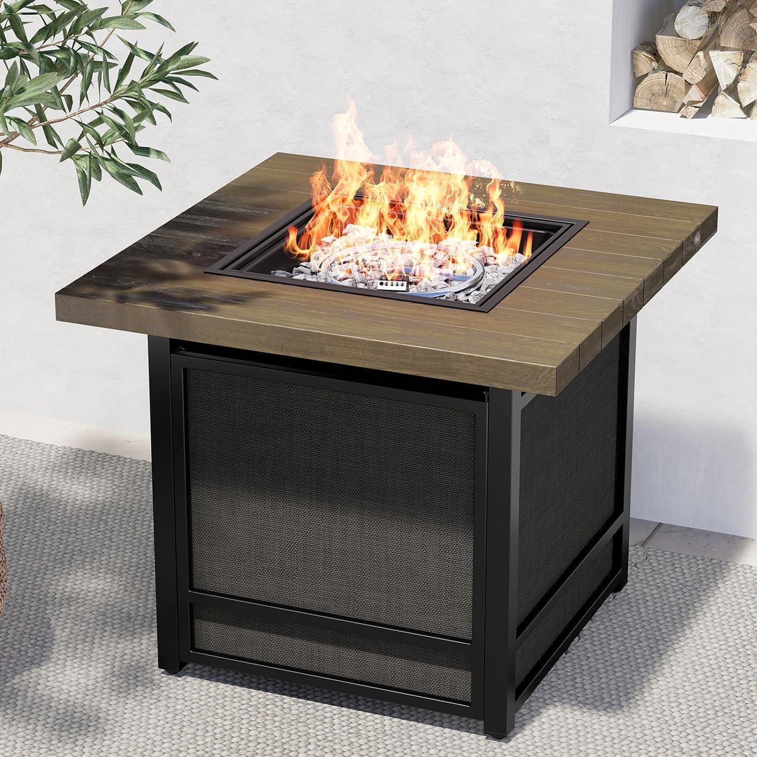 Grand patio Propane Fire Pits 28 Inch Outdoor Gas Fire Pit, 50,000 BTU Fire Table with Lid and Lava Rock, Add Warmth and Ambience to Gatherings and Parties On Patio Garden Backyard (Light Brown)