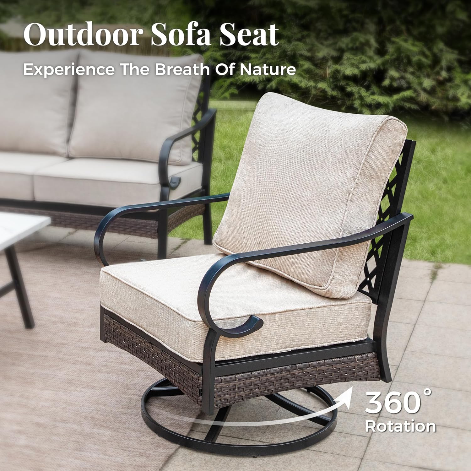 Patio Furniture Set with 56'' Fire Pit Table, Black Metal Frame Outdoor Conversation Set with 2 x Fixed Chairs, 2 x Swivel Chairs, 1 x 3-Seat Sofa for Lawn Garden Backyard, Beige