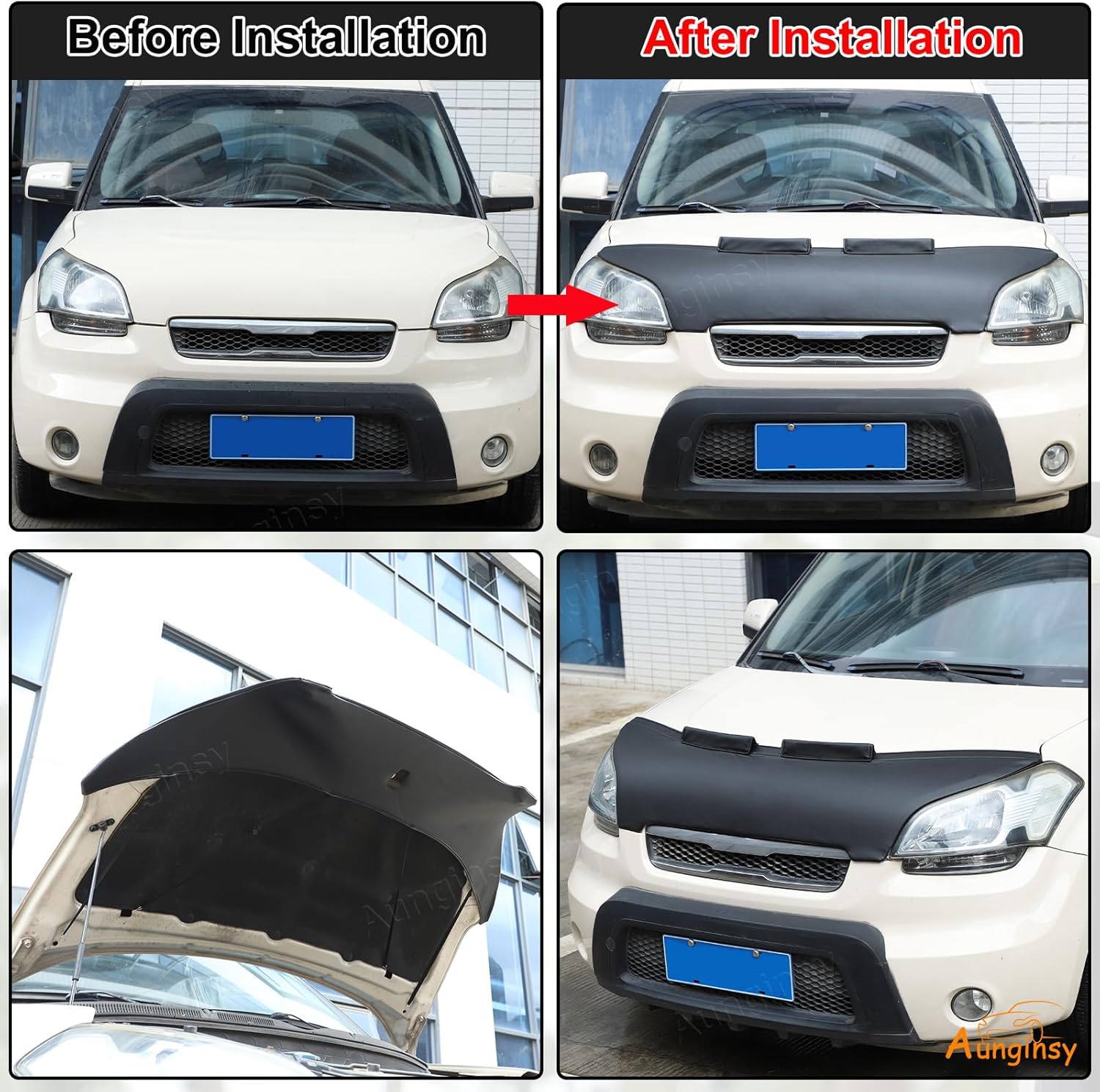 Aunginsy Car Hood Protector Bra Compatible with Kia Soul 2009-2013 Auto Front Engine Hood Cover Black Leather Protector Cover Half Hood Bonnet Bra Front Car Cover Mask Hood Shield Exterior Accessories