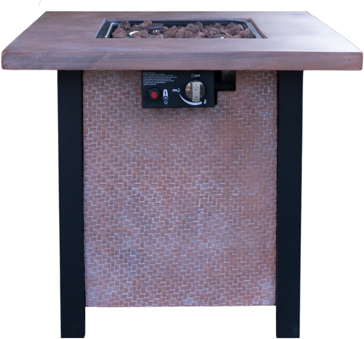 25 inch Propane Fire Pit Table, 50,000 BTU Square Table Top Firepit with Cover, Outdoor Heater, Fiberglass and Iron Construction, Rattan Weave Style, Stainless Steel Burner for Garden and Backyard