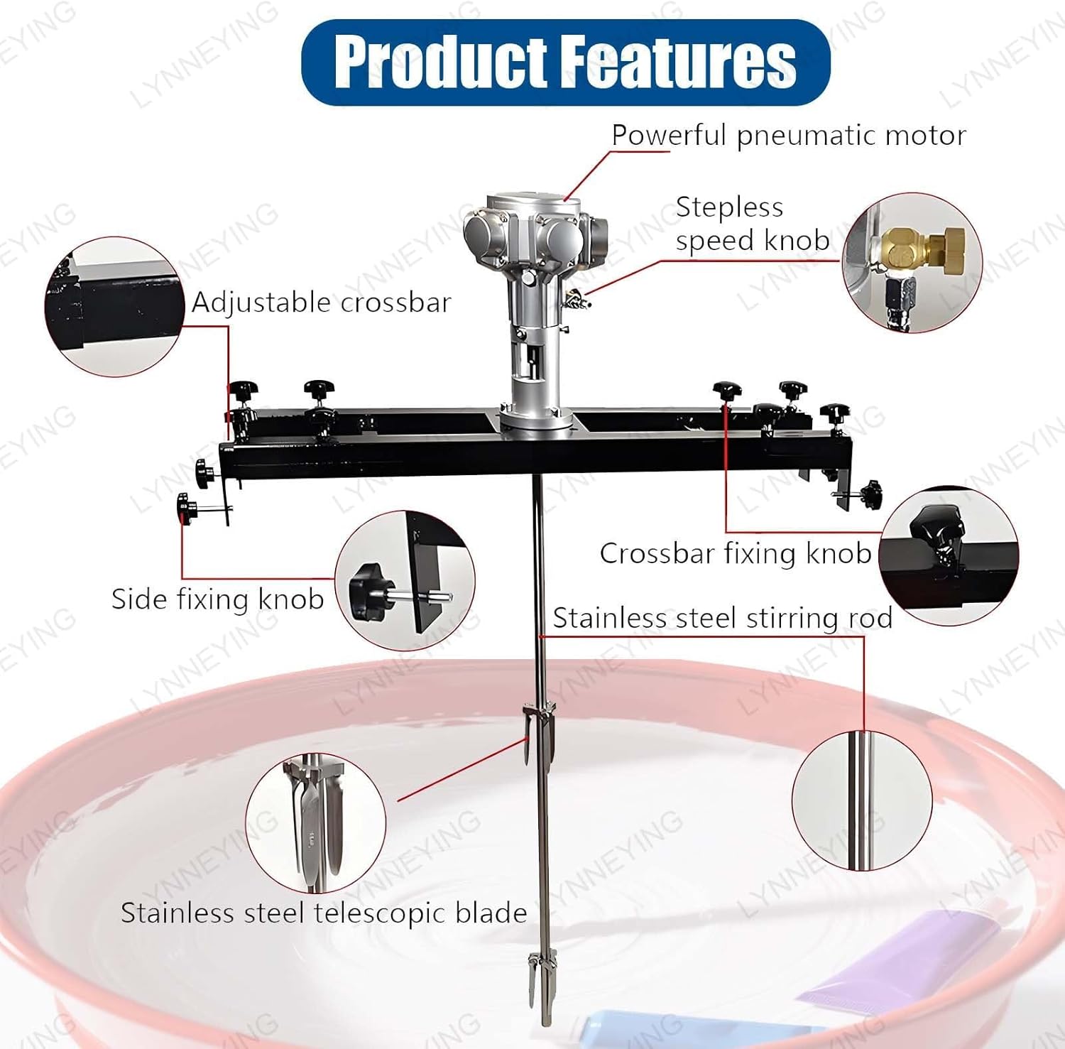 Pneumatic Agitator for IBC Tank for IBC & Open-top Drum,Air Agitator for Stirring Medium High Viscosity Solutions,Pneumatic Mixing Machine Mixer,With Retractable Bracket(Small 5Cylinder)