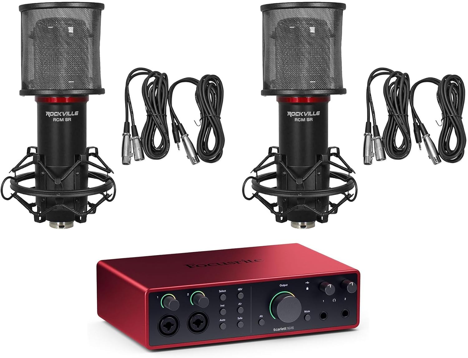 Audiosavings Bundle: Focusrite SCARLETT 16I16 4G 4th Gen 24-bit 192 kHz Audio Recording Interface Bundle with (2) Rockville RCM SR Studio/Recording Condenser Microphone (3 Items)