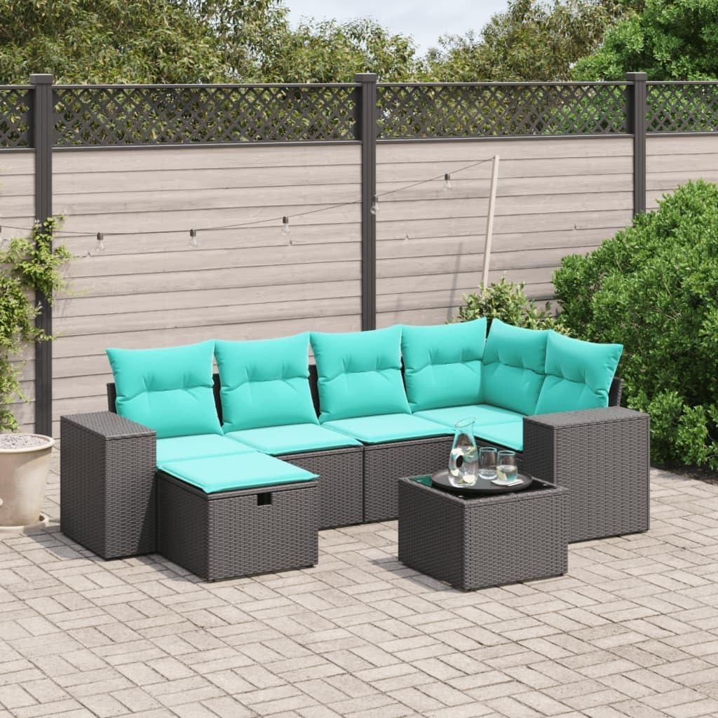 7 Piece Patio Sofa Set with Cushions, Black Poly Rattan Outdoor Furniture, Modular Garden Conversation Set, Tempered Glass Table, UV-Proof