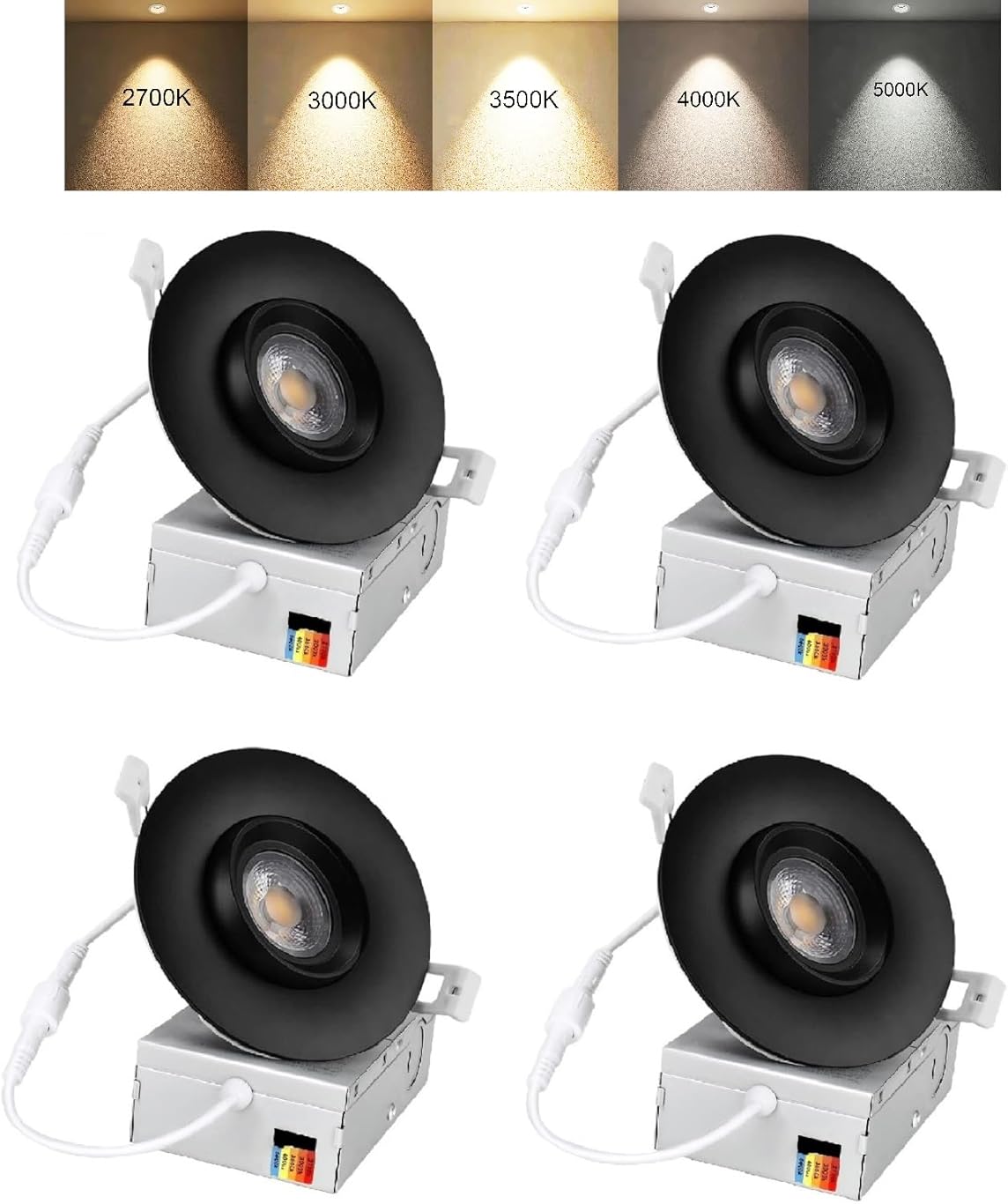 4 Inch Black Gimbal LED Recessed Light, Adjustable Rotatable Downlight Lighting Fixture,12W 100W Eqv, IC Rated Dimmable, 5 Colors 2700K/3000K/3500K/4000K/5000K,1000lm, CRI90+