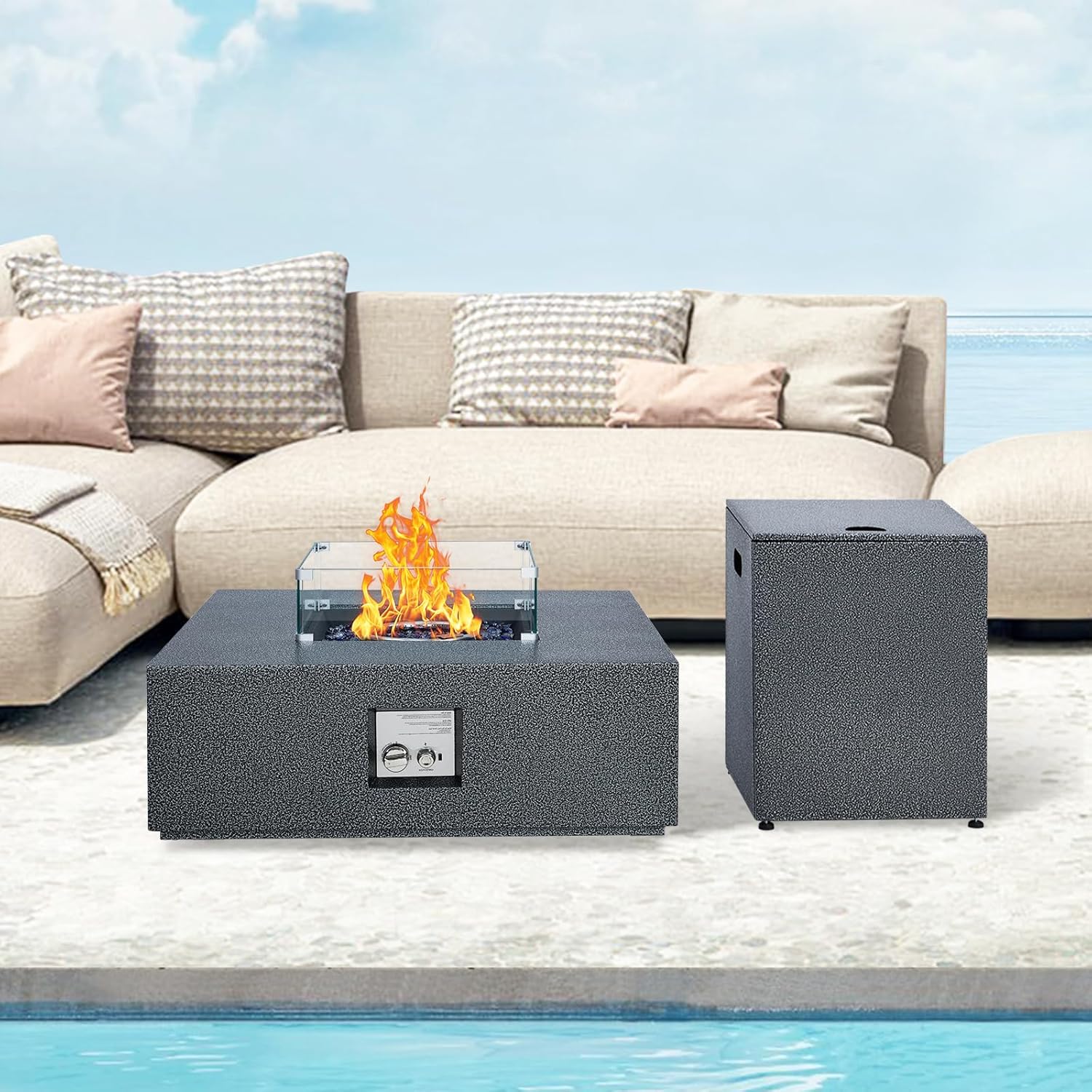 50000 BTU Propane Fire Pit Table, 36 in Outdoor Gas Fire Pit Table with 16 in Propane Tank Cover, Wind Guard, Glass Rocks & Rain Cover for Garden Backyard Deck Patio