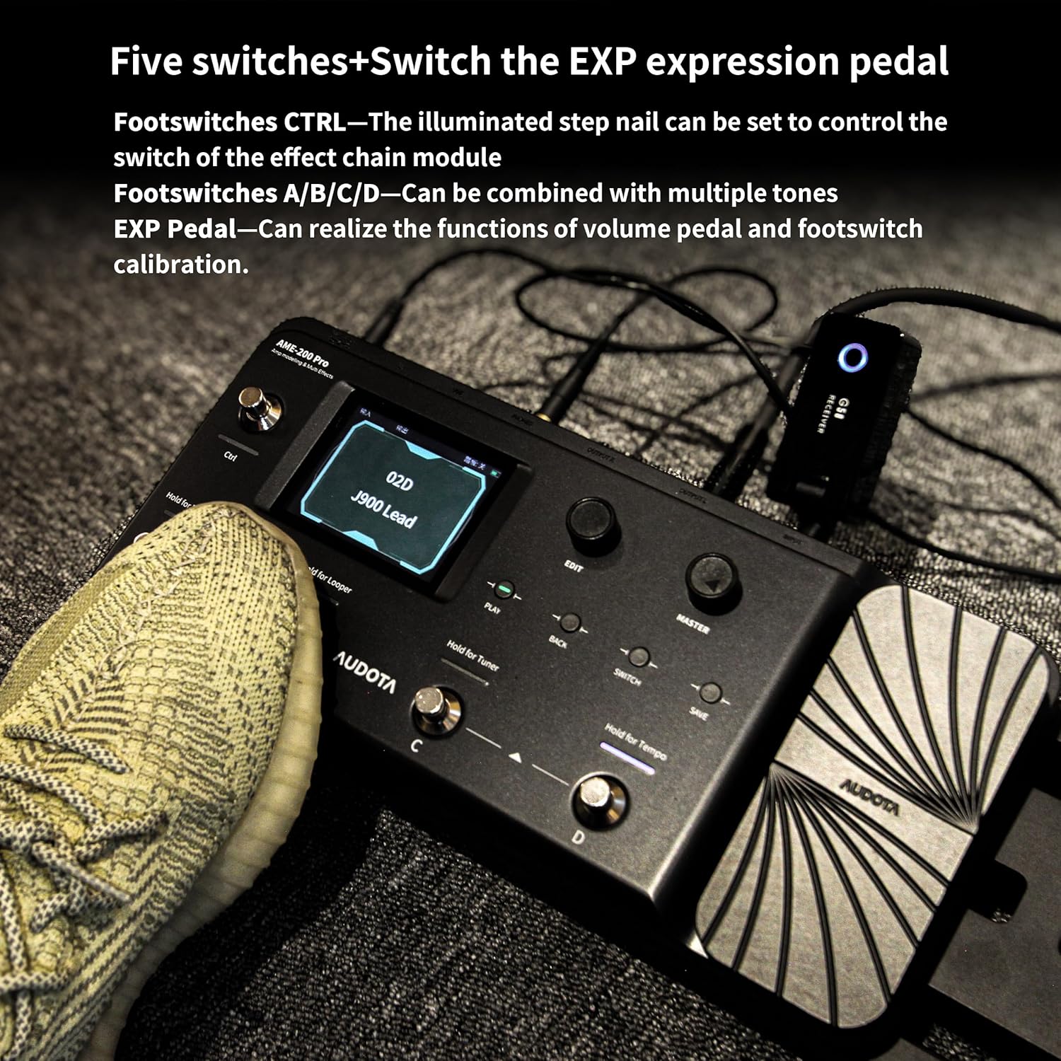 AUDOTA AME-200 Pro Guitar Multi Effects Processor with Amp Modelling, Reverb, Delay, Looper, Drum Machine, 4 Footswitches, Expression Pedal, USB OTG Recording, MNRS GNR & GIR Loader