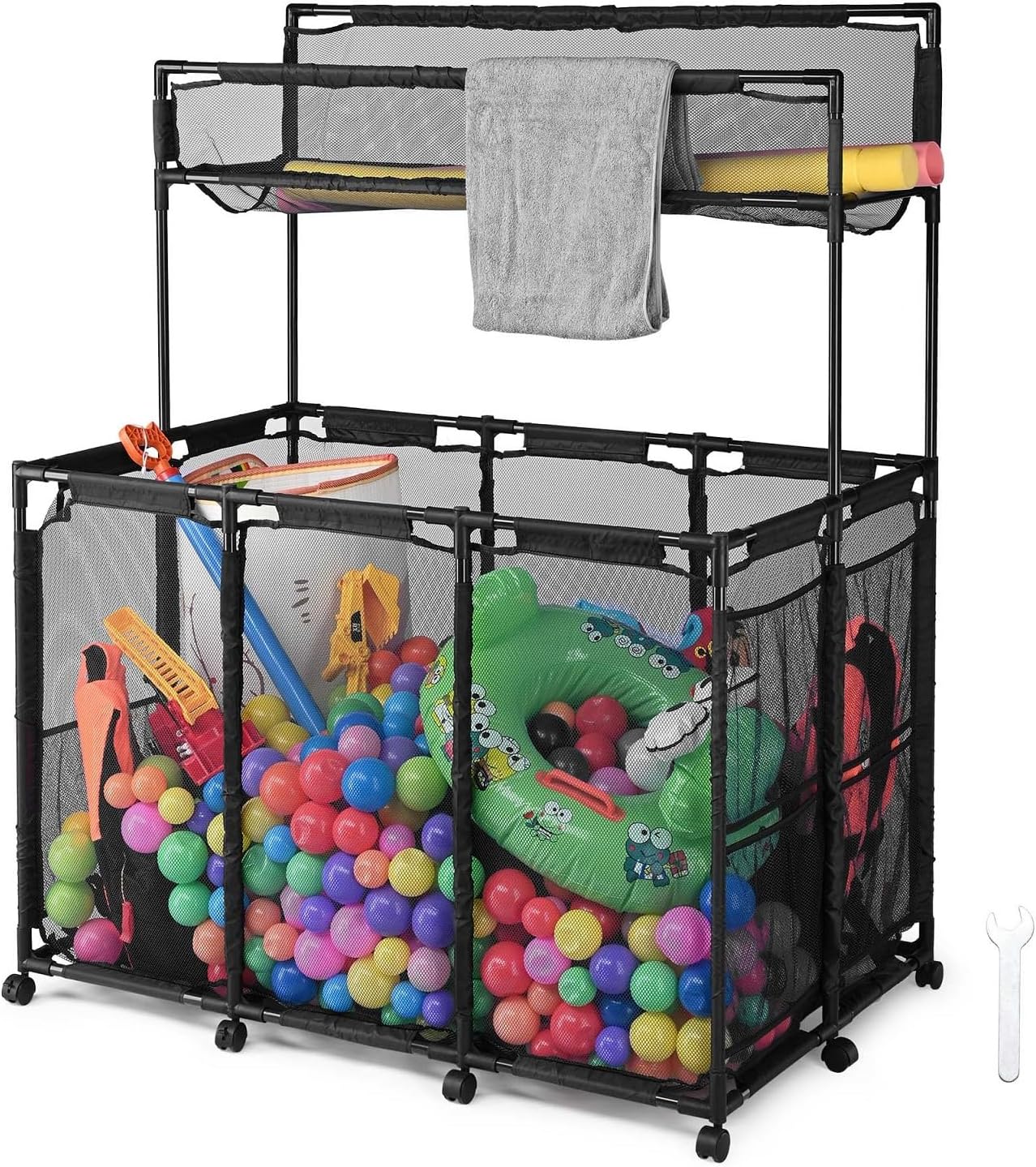 Pool Storage Bin, 2 Layers Rolling Cart, Pool Side Mesh Container, Indoor & Outdoor Ball Basket, Metal Frame Pool Float Storage Organizer for Playroom or Goggle Balls(Black - 2layers)
