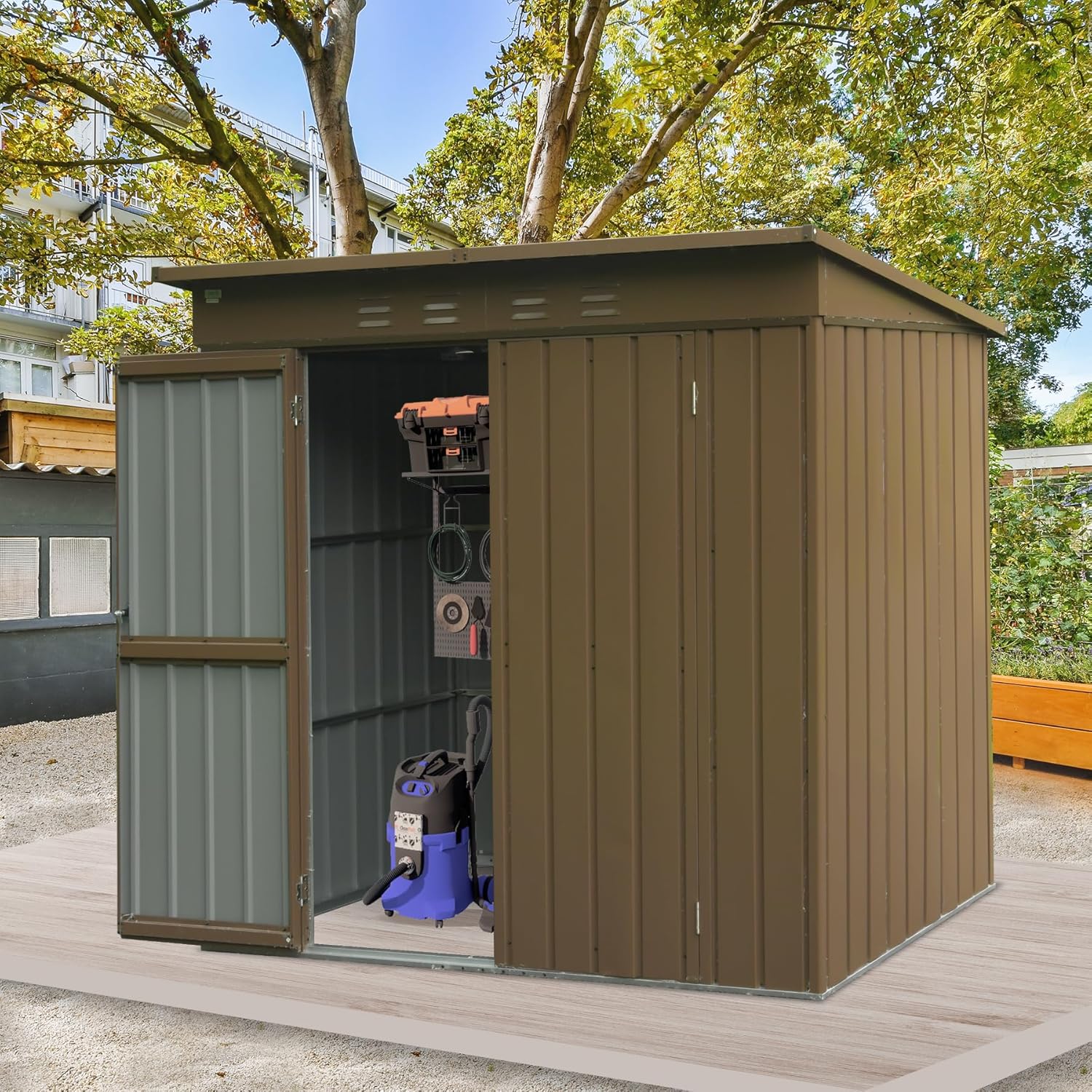 Domi Outdoor Storage Shed 6x4 FT, Metal Tool Sheds Storage House with Lockable Double Door,Large Bike Shed Waterproof for Garden,Backyard,Lawn (Brown)