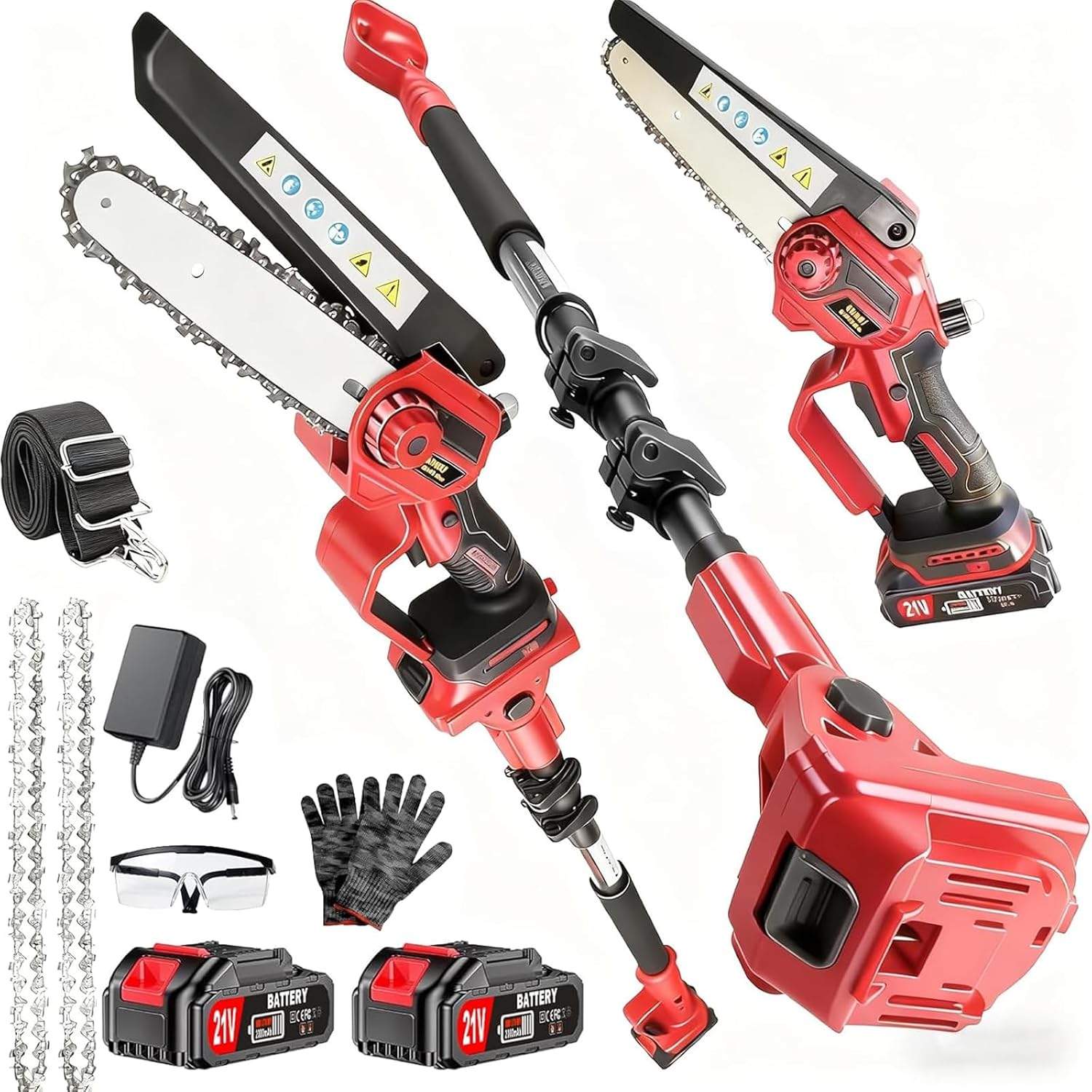 2-in-1 Electric Pole Saws for Tree Trimming, 6 Inch Mini Chainsaw Cordless with Extension Pole & 2Pcs Battery Powered, 16 Feet Electric Pole Chainsaw, Tree Trimmer Limb Branch Cutter Pruner-Red