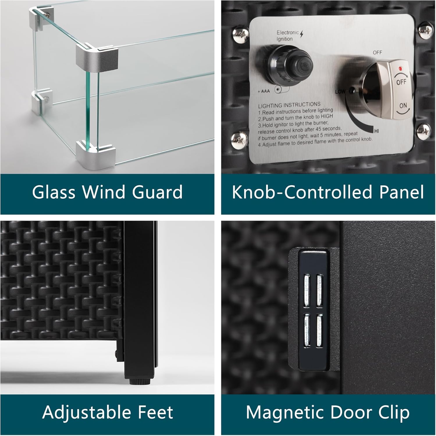 Royalcraft 43?Outdoor Propane Fire Table Set with Heavy-Duty Glass Stones, Glass Wind Guard, Lid & Water-Resistant Cover, Rectangle Fire Pit Table, 50,000 BTU Metal Fire Pit Table for Patio, Deck