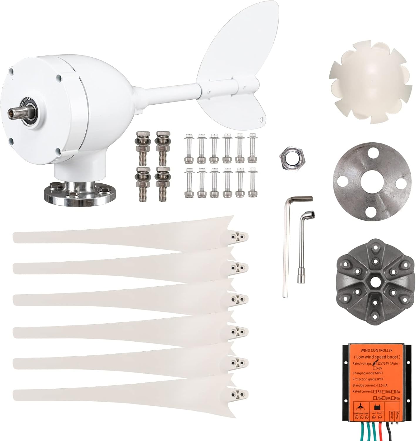 1500W 12V 24V Wind Turbine Generator Kit Horizontal Generator, with MPPT Controller Six -Blade Windy Can Be Used for Home Outdoor Power Generation (Color : White, Size : 12v)