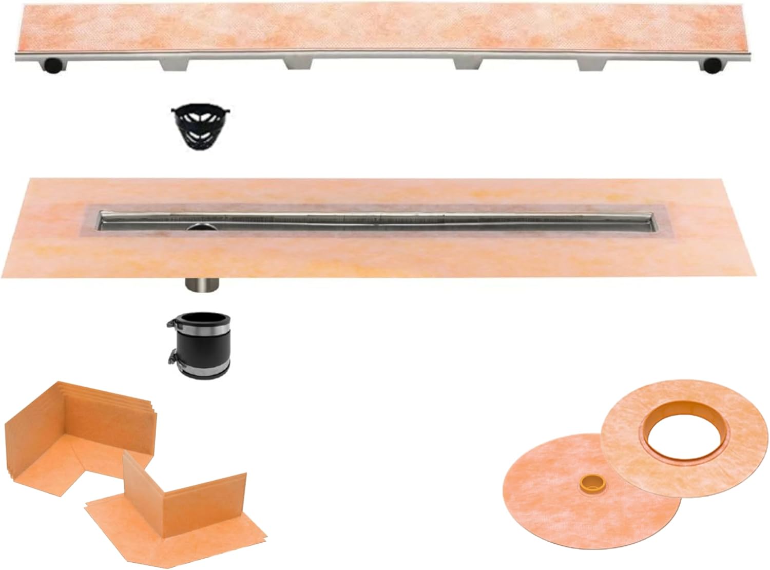 All-in-one Waterproof Linear Shower Drain Kit with 32 Inch Off-set Outlet Channel Body (KL1VO60E80) and Drain Grate Assembly (Cover) in Tileable Design(KL1DROE80)
