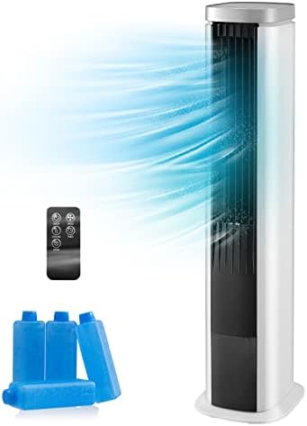 PETSITE Portable Air Conditioner Windowless, 3-IN-1 Evaporative Cooler, Remote Control, 4 Speeds, 7H Timer, 4 Ice Packs, Personal Cooling Bladeless Tower Fan, Swamp Cooler for Home Office Bedroom