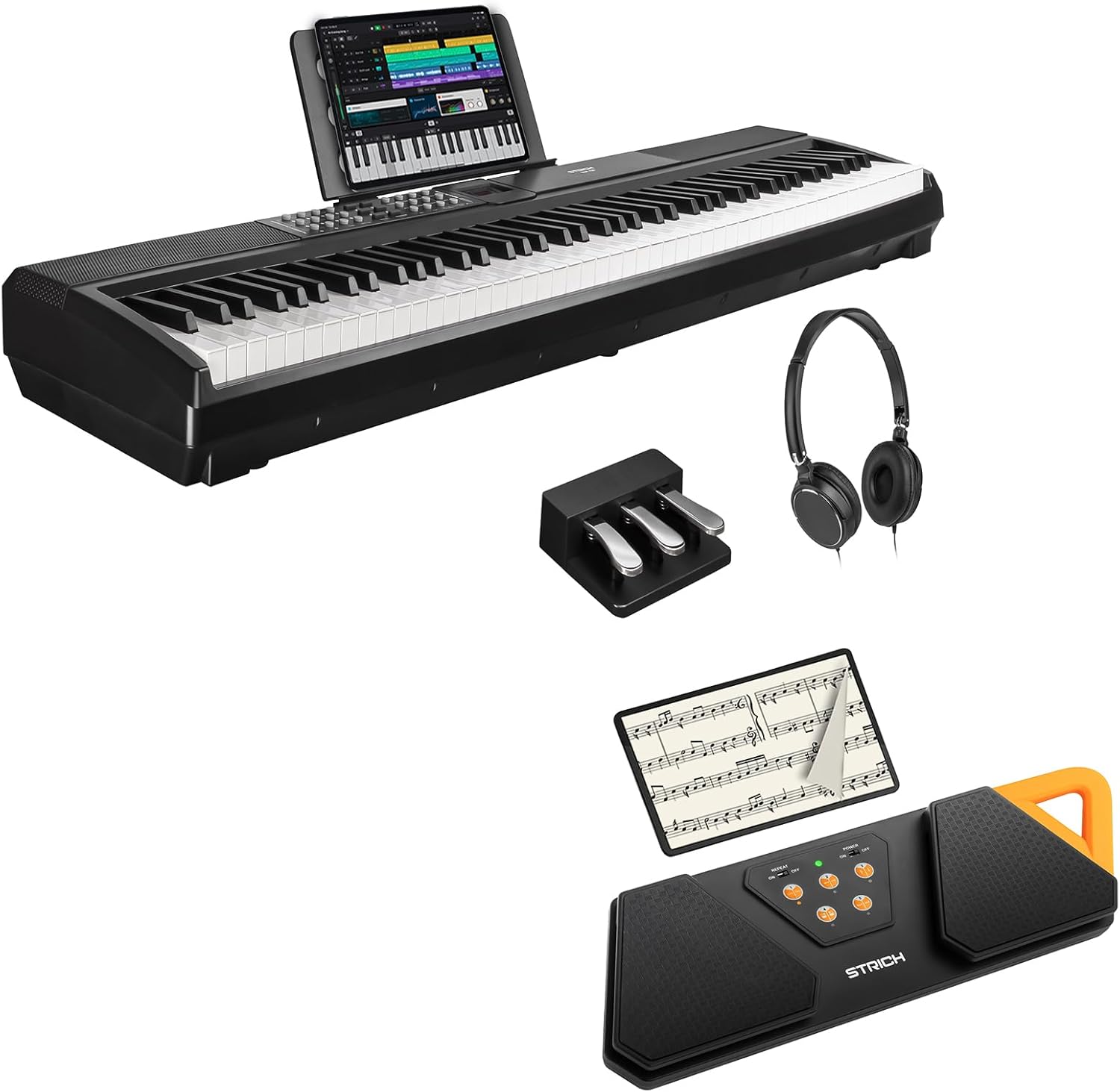 STRICH 88 Keys Weighted Keyboard with Sustain Pedal, Hammer-Action Digital Piano, SPT-10X Page Turner Pedal for Musical Instruments