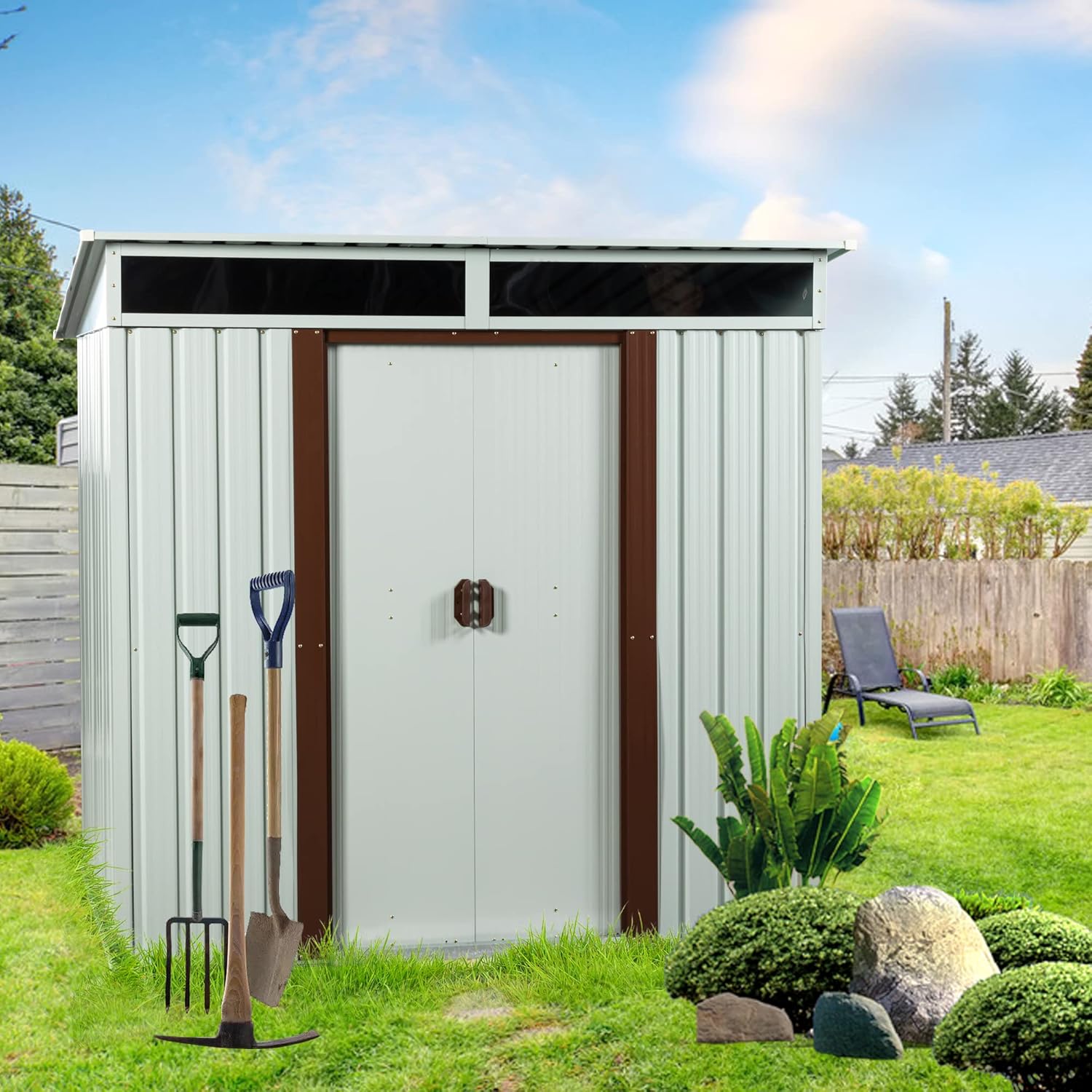 6x5 FT Outdoor Storage Shed, Metal Garden Shed with Frame Floor, Outside Tool Shed with Lockable Sliding Doors, Waterproof Storage Building with Sloped Roof for Backyard, Patio, Lawn, White