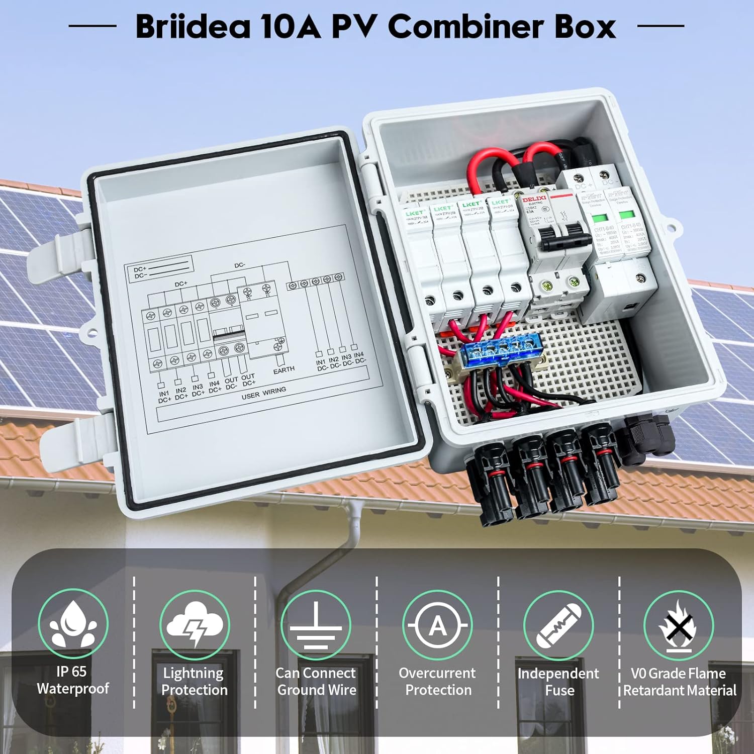 Solar Combiner Box, Briidea 4-String PV Combiner Box with 10A Circuit Breakers & Lightning Arrester, IP65 Waterproof, for On-Grid & Off-Grid Solar Panel Systems