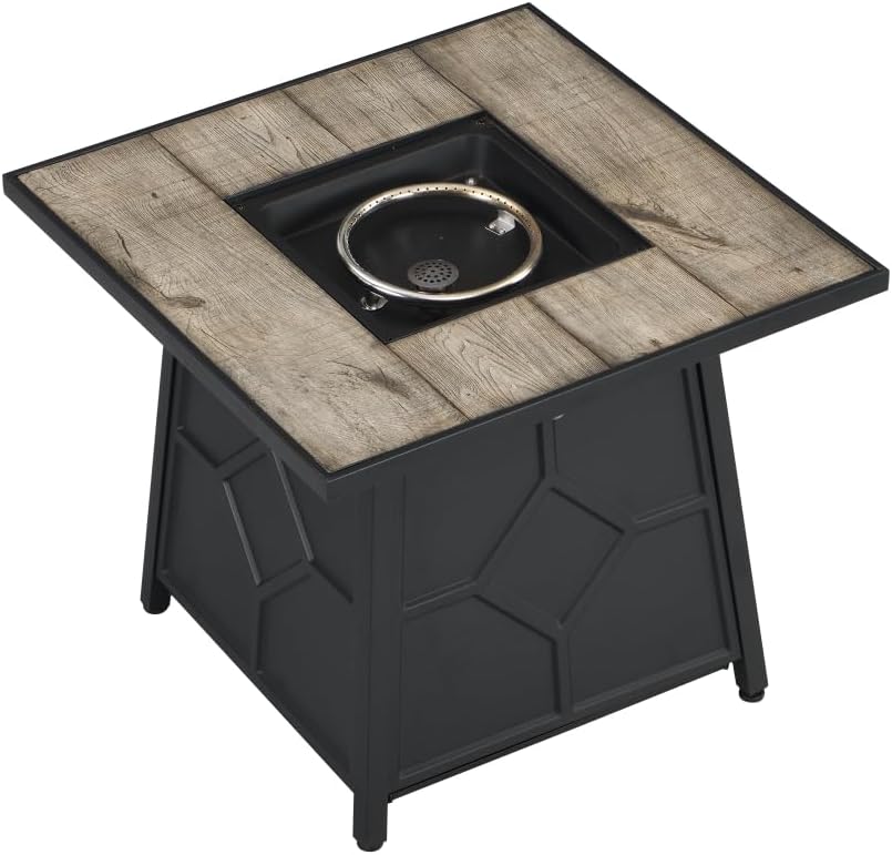 28-Inch Square Propane Fire Pit Table with Auto-Ignition, CSA-Certified Outdoor Gas Fire Table for Patio, Deck & Backyard (Grey + MDF+Iron)