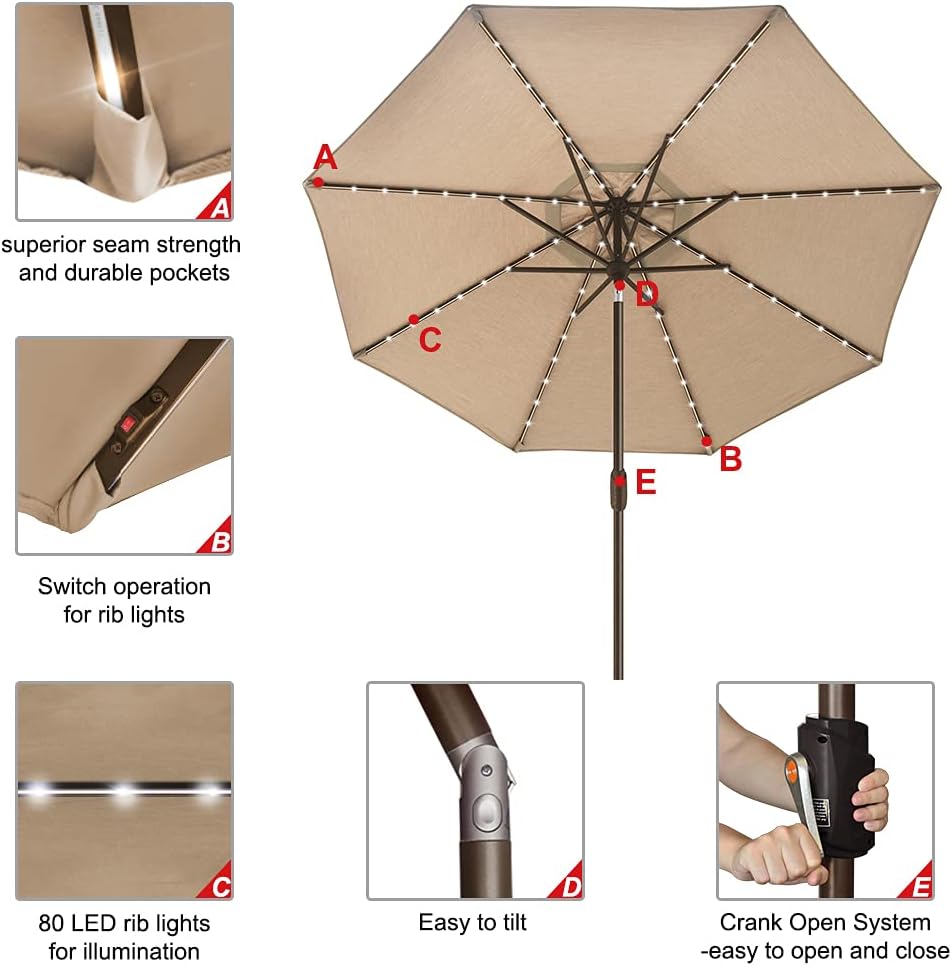 EliteShade USA 10-Year-Non-Fading Solar 9ft Market Umbrella with 80 LED Lights Patio Umbrellas Outdoor Table Umbrella with Ventilation, Heather Beige