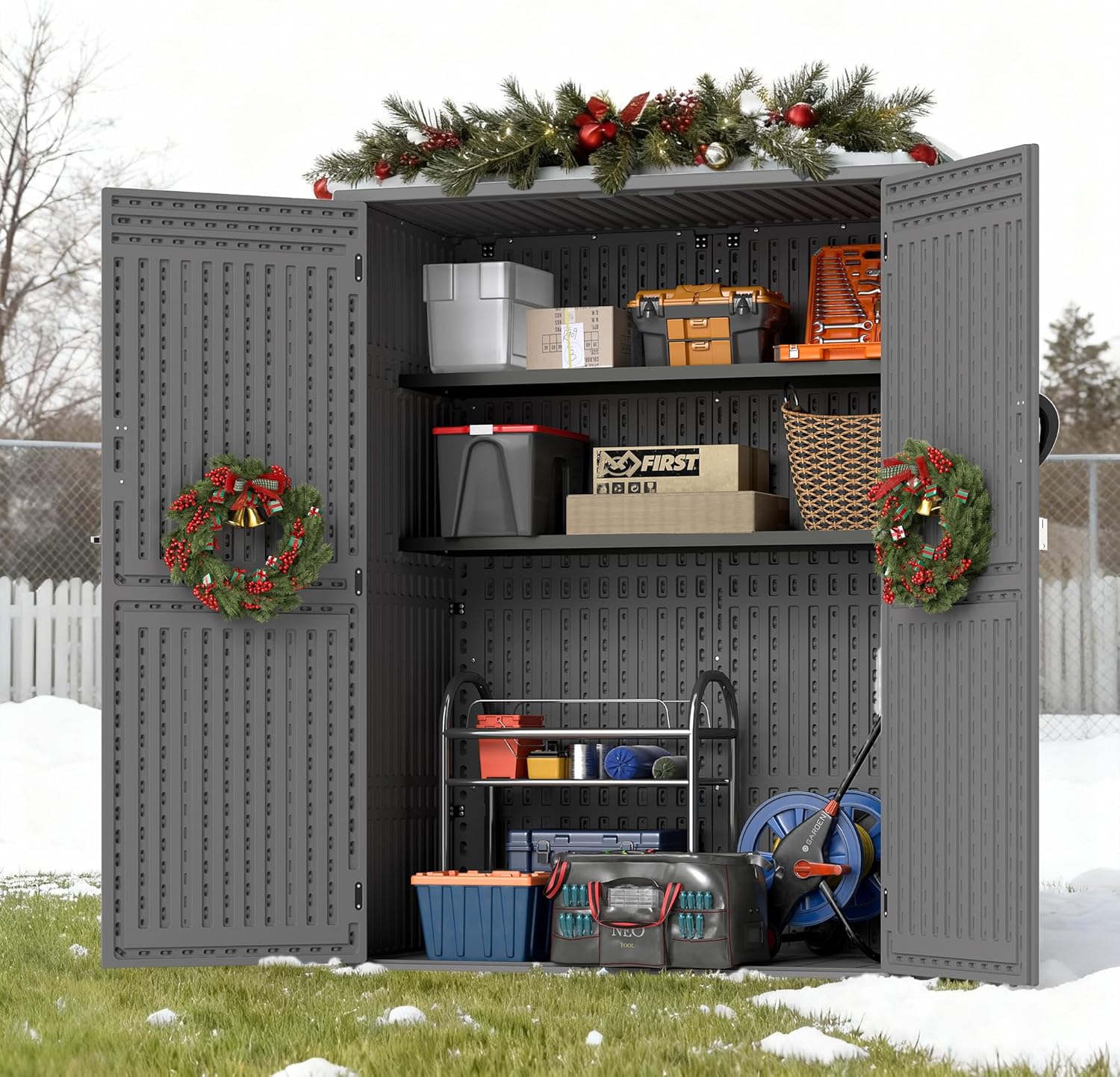 EHHLY Vertical Resin Storage Shed with 2 Shelves, 60 Cuft Garden Tool Sheds & Outdoor Storage, Plastic Outdoor Storage Cabinet Waterproof, 4.5 x 2.3 ft Backyard Outside Lawn Mower Storage Shed, Grey