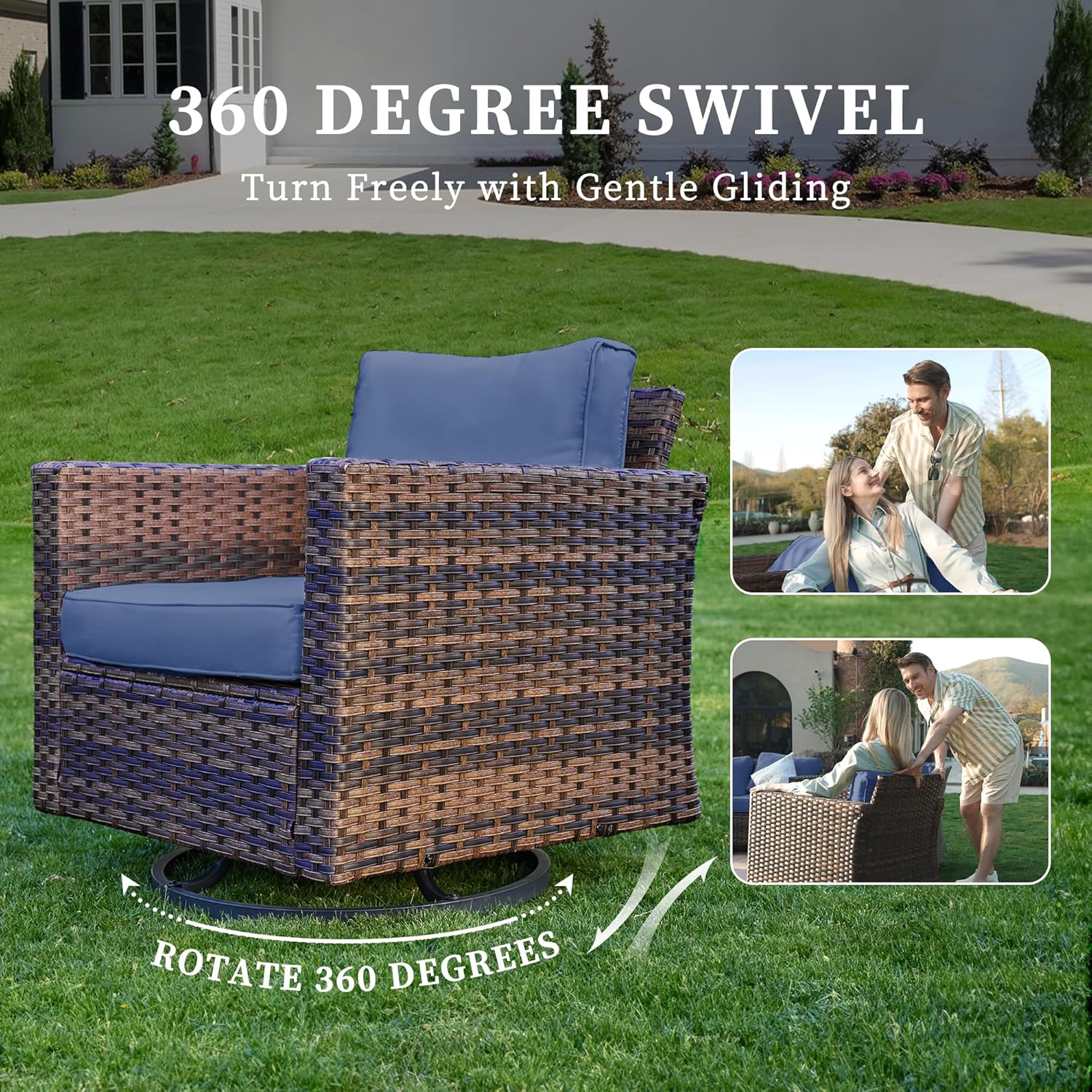 UDPATIO Patio Furniture Set with Fire Pit Table and Swivel Rocking Chairs, 6 Pieces Outdoor Wicker Furniture Set with Waterproof Cover, 4'' Thickened Cushion, Navy