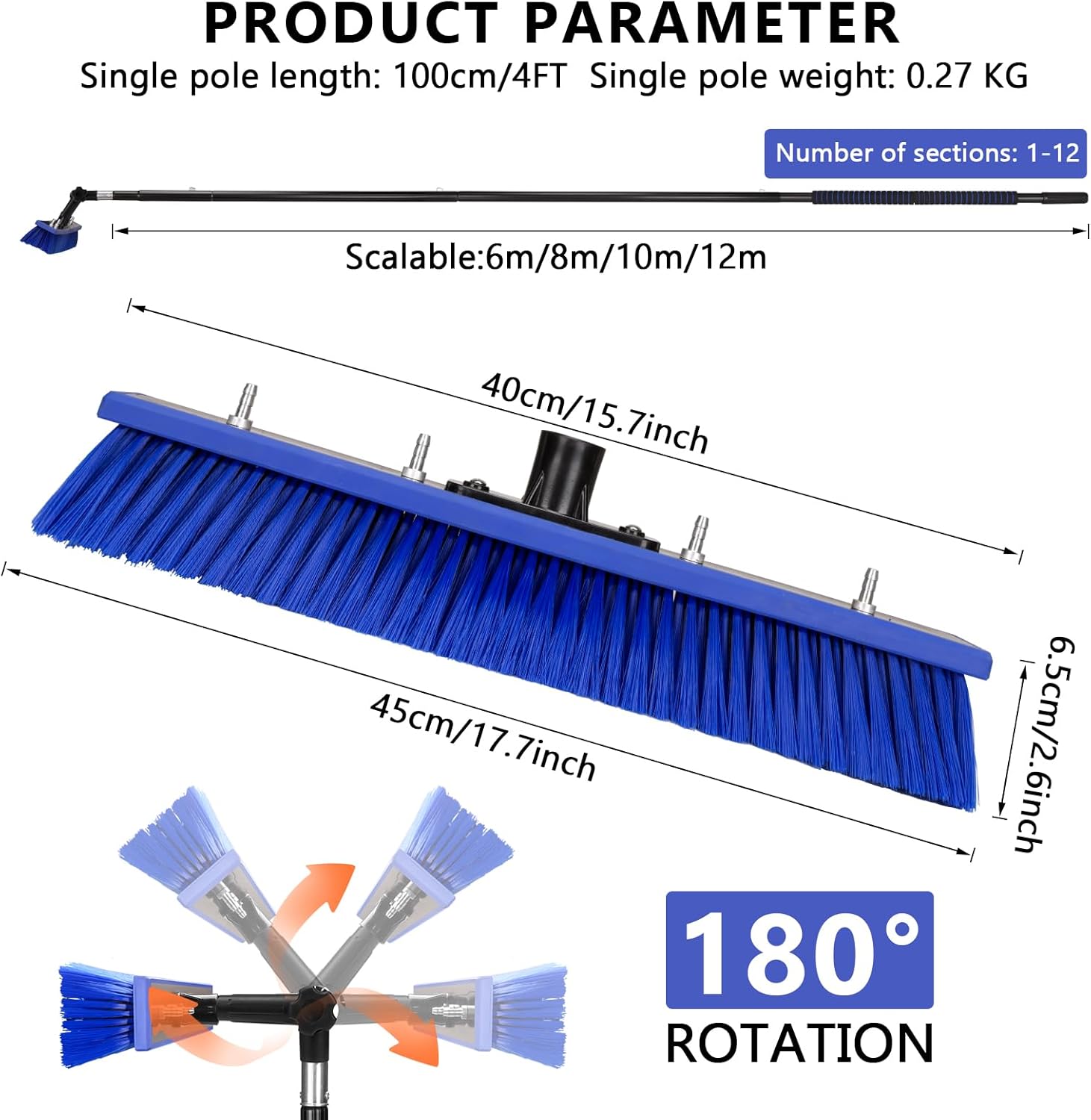 40FT Water Fed Pole Kit, Window Solar Panel Cleaning Brush and Pole, Window Washing Equipment Solar Panel Roof Glass Cleaner Tool
